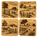 Rustic Farm Scene Cork Coaster Set, Country Barn and Pasture Decor