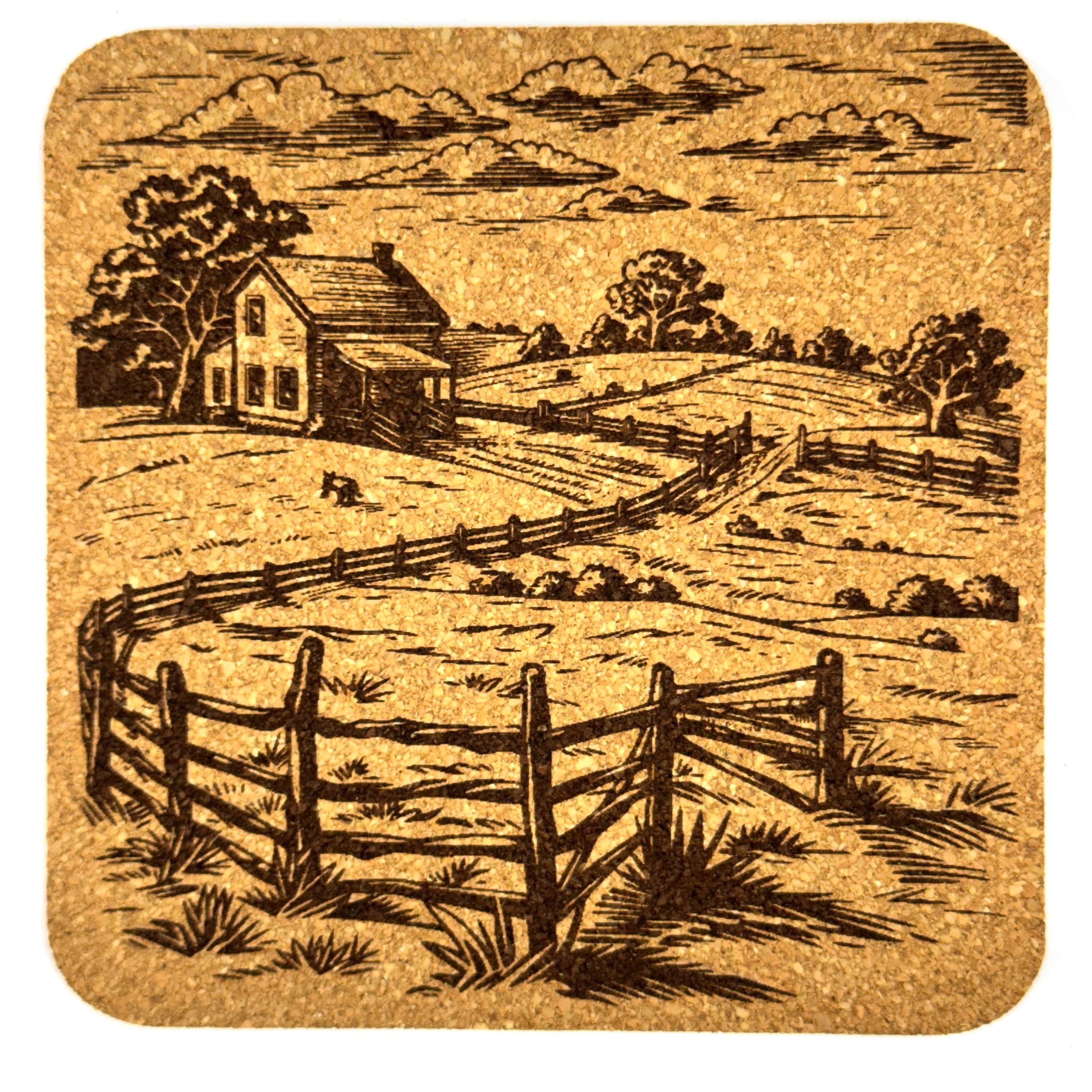 Rustic Farm Scene Cork Coaster Set, Country Barn and Pasture Decor