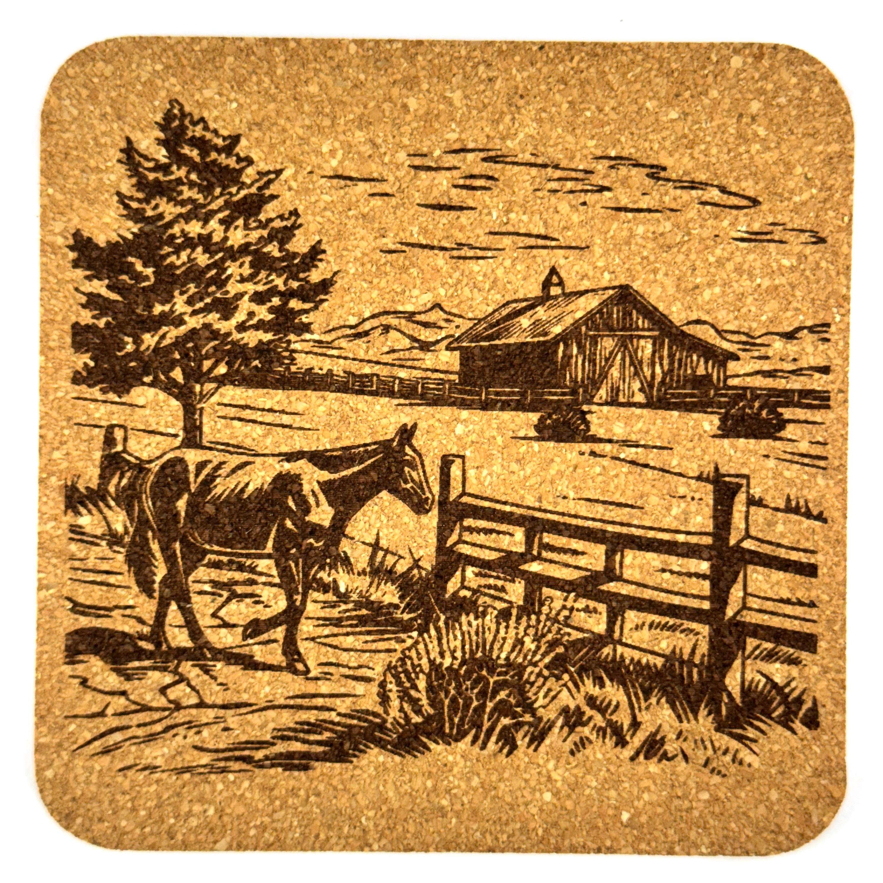 Rustic Farm Scene Cork Coaster Set, Country Barn and Pasture Decor