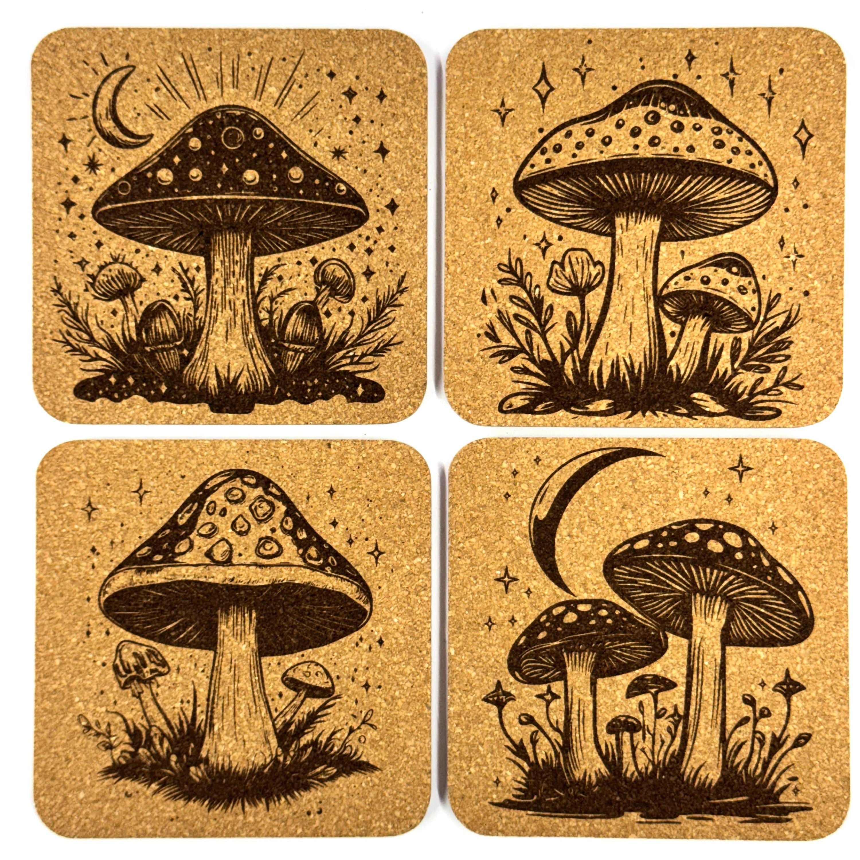 Mystical Mushroom Cork Coaster Set, Cottagecore Fantasy Drink Coasters