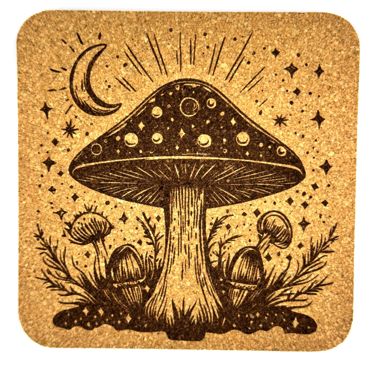 Mystical Mushroom Cork Coaster Set, Cottagecore Fantasy Drink Coasters