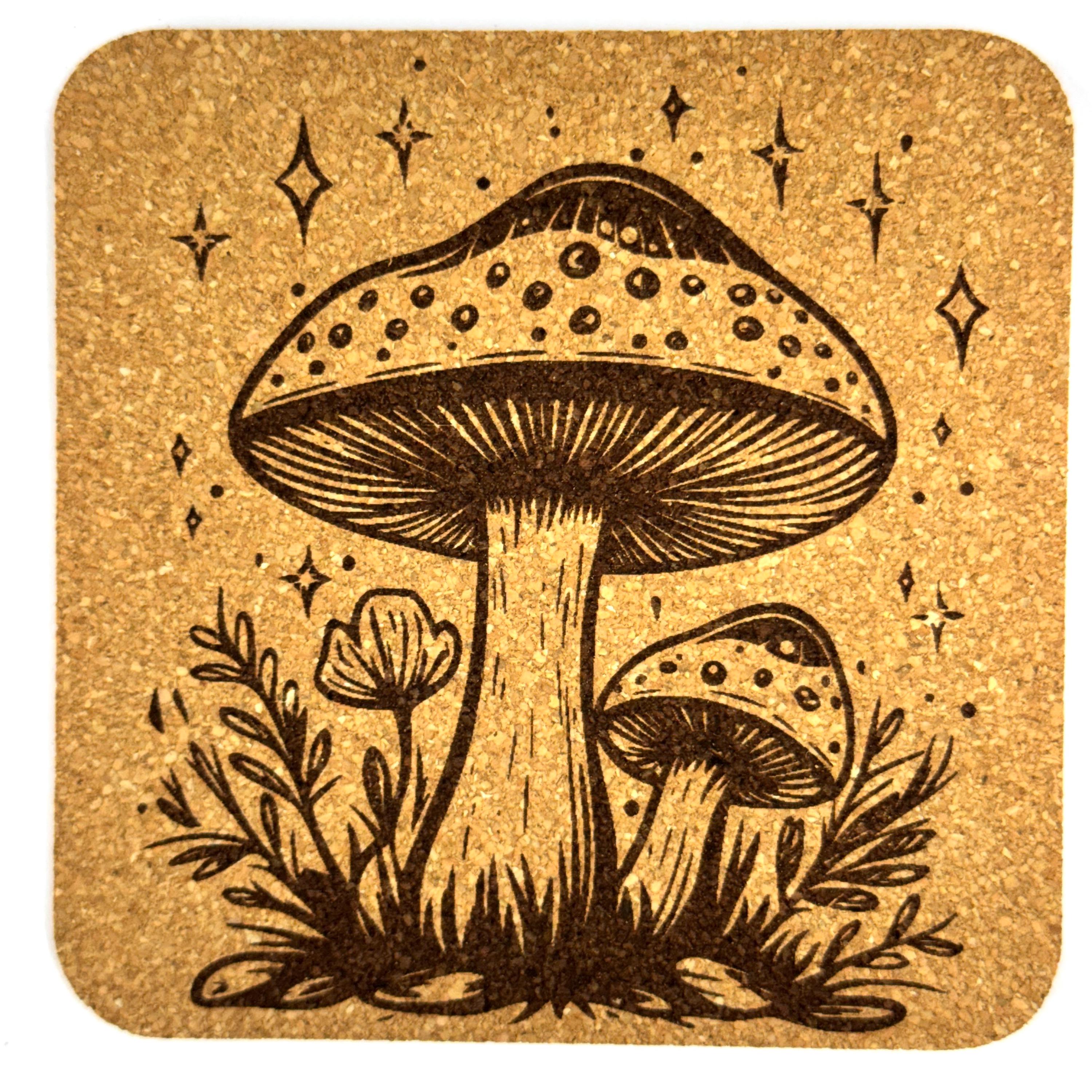 Mystical Mushroom Cork Coaster Set, Cottagecore Fantasy Drink Coasters