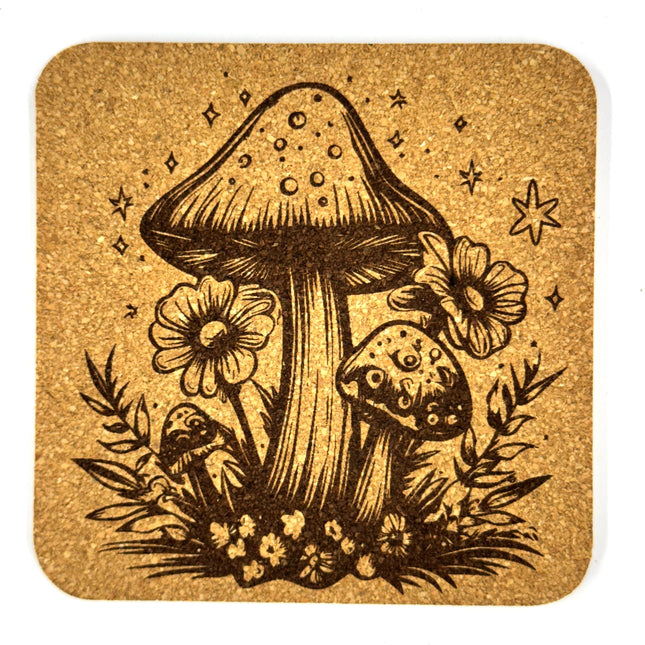 Enchanted Mushroom Cork Coaster Set, Cottagecore Woodland Drink Coasters