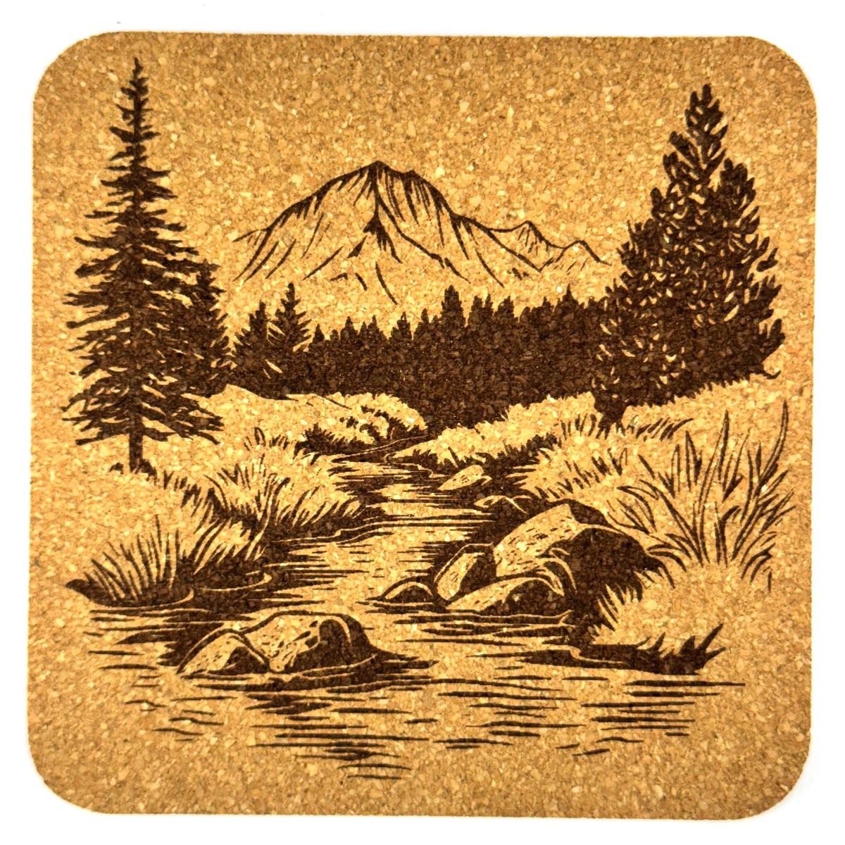 Mountain Stream Cork Coaster Set, Rustic Wilderness Drink Coasters
