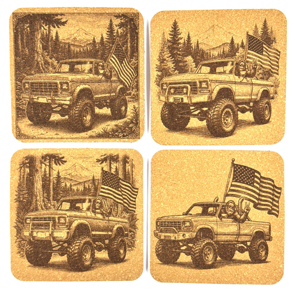 Patriotic Bigfoot Enjoying Pacific Northwest Backroads Cork Coaster Set