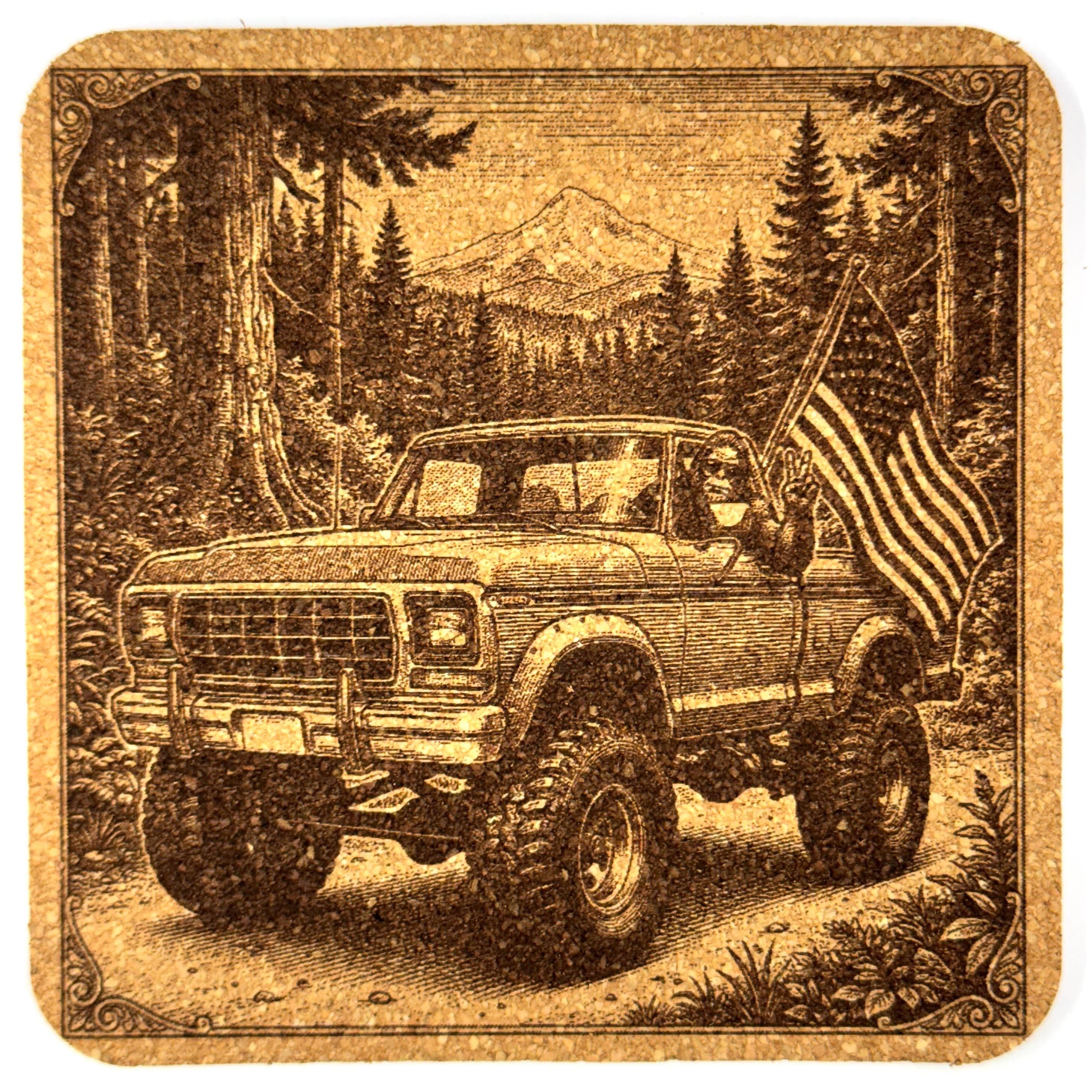Patriotic Bigfoot Enjoying Pacific Northwest Backroads Cork Coaster Set
