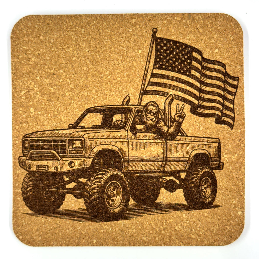 Patriotic Bigfoot Enjoying Pacific Northwest Backroads Cork Coaster Set