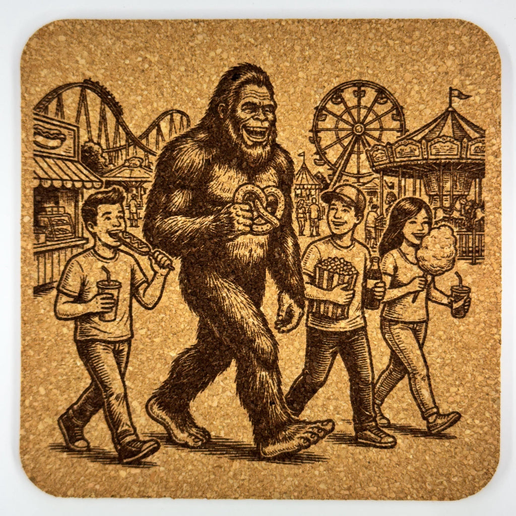 Bigfoot and Friends at the Carnival – Laser Engraved Cork Coaster Set