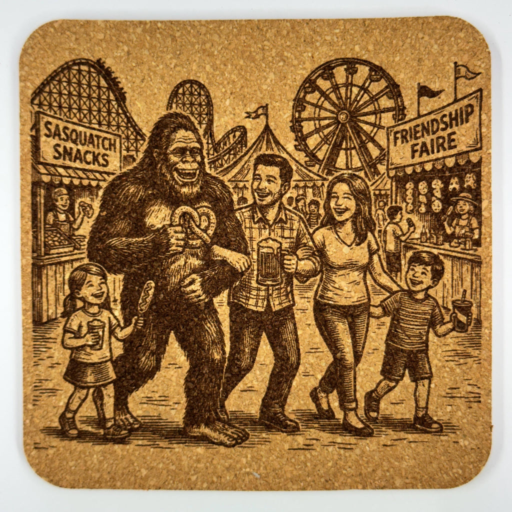 Bigfoot and Friends at the Carnival – Laser Engraved Cork Coaster Set