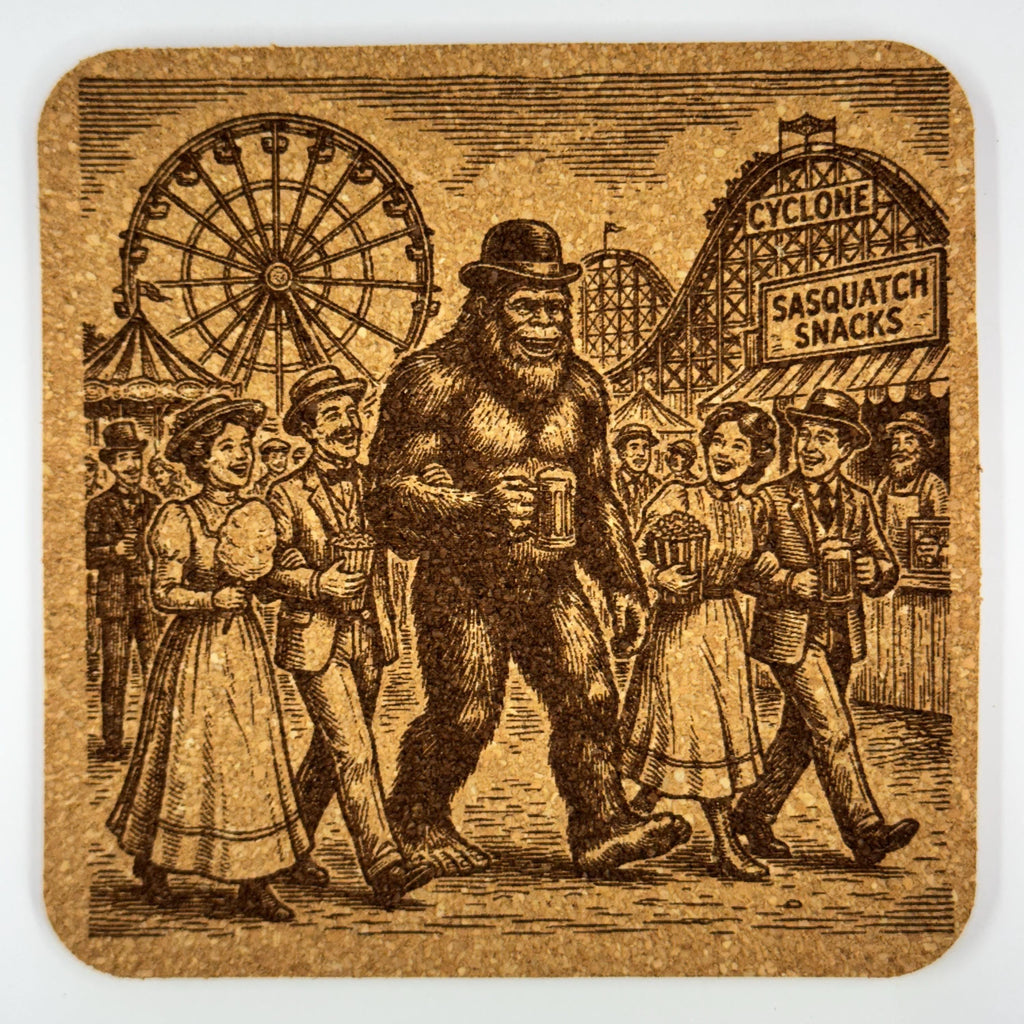 Bigfoot and Friends at the Carnival – Laser Engraved Cork Coaster Set