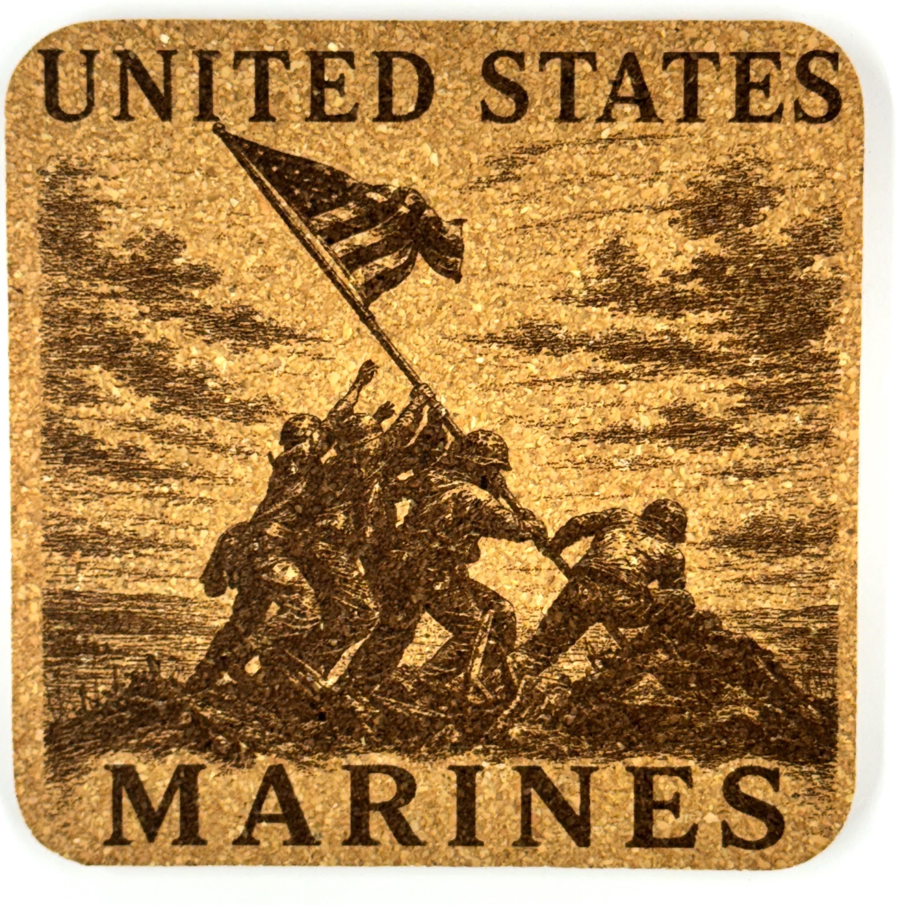 United States Marines Cork Coaster Set, 4 Pack of Military Tribute Laser Engraved Coasters