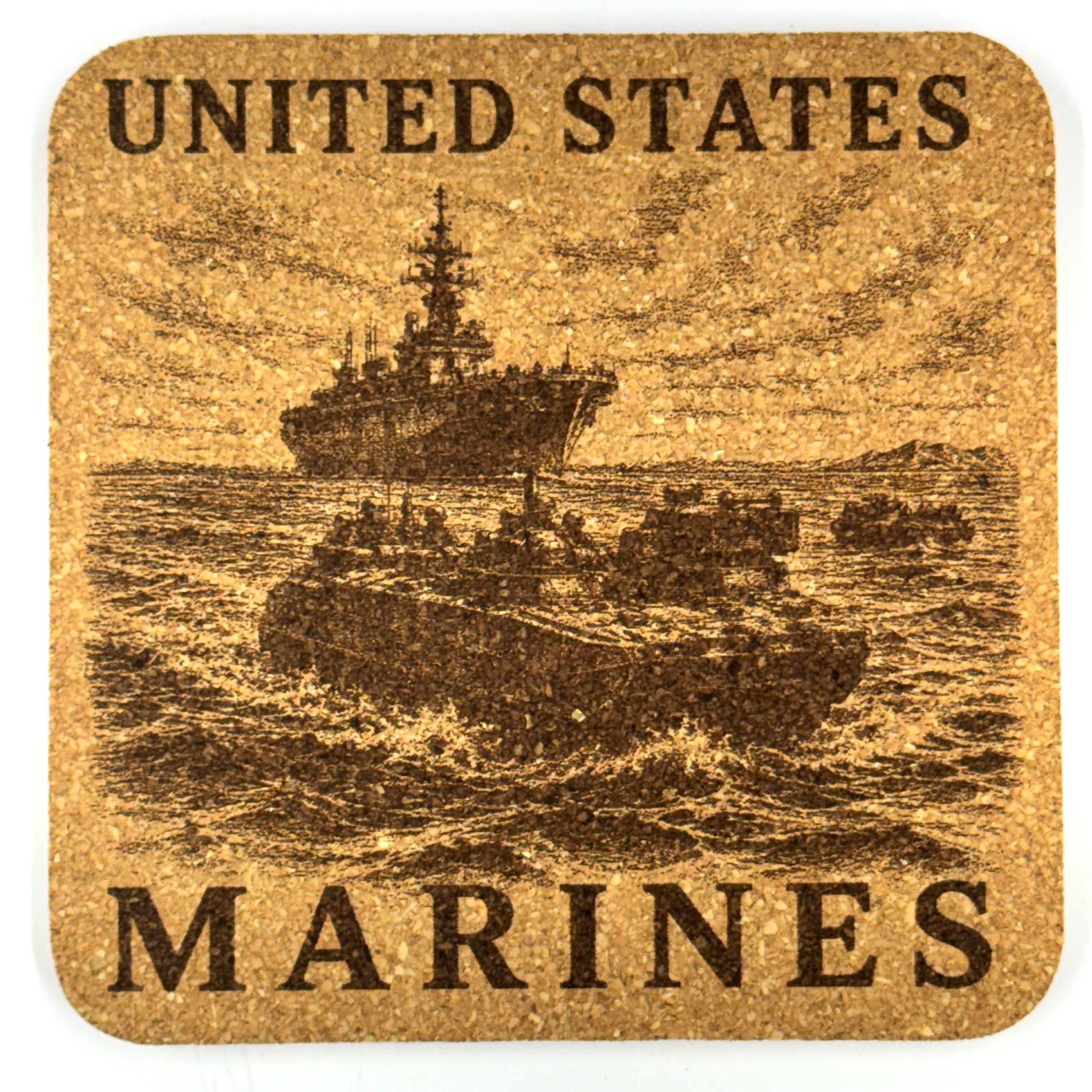 United States Marines Cork Coaster Set, 4 Pack of Military Tribute Laser Engraved Coasters