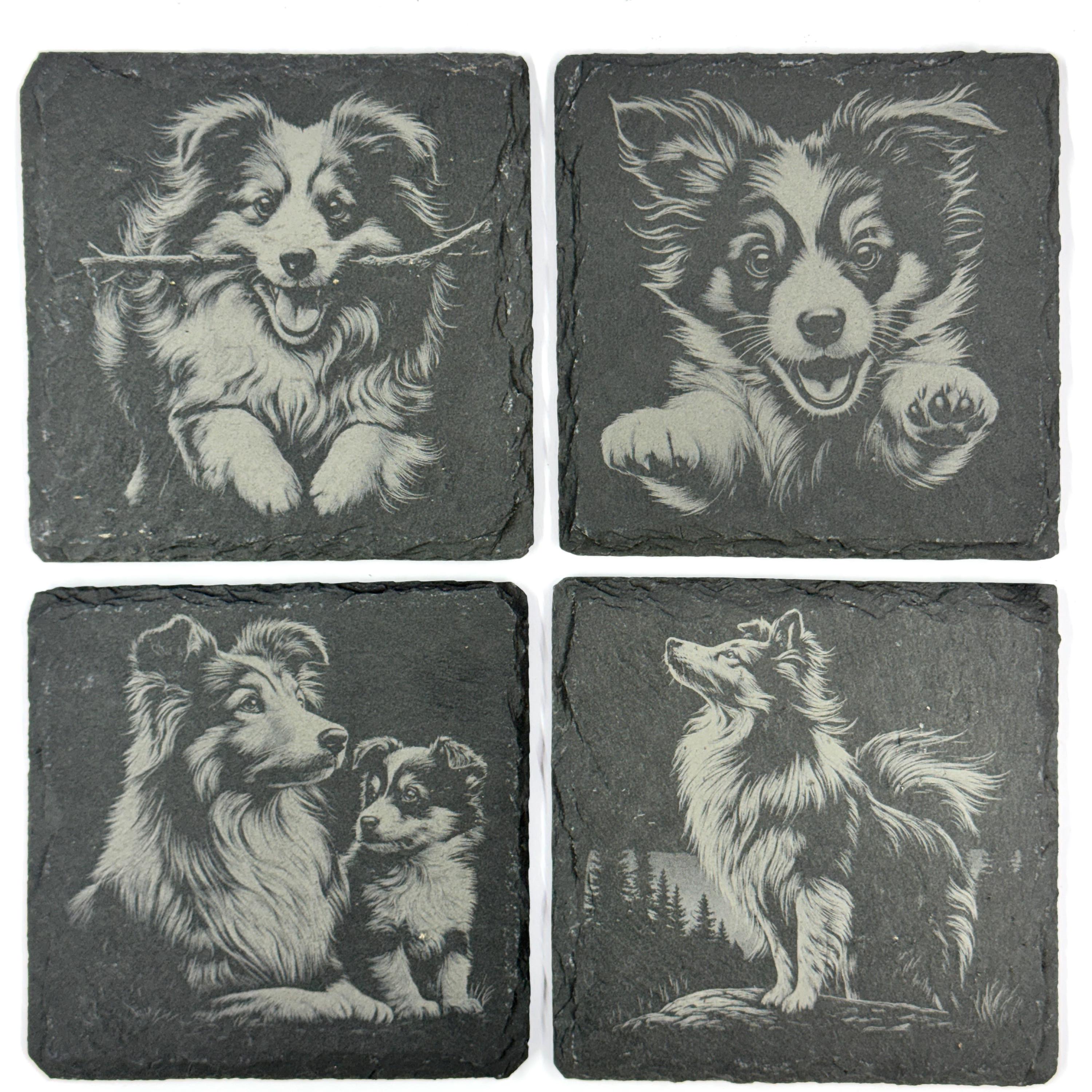Sheltie Dog Slate Coaster Set, Engraved Shetland Sheepdog Gift
