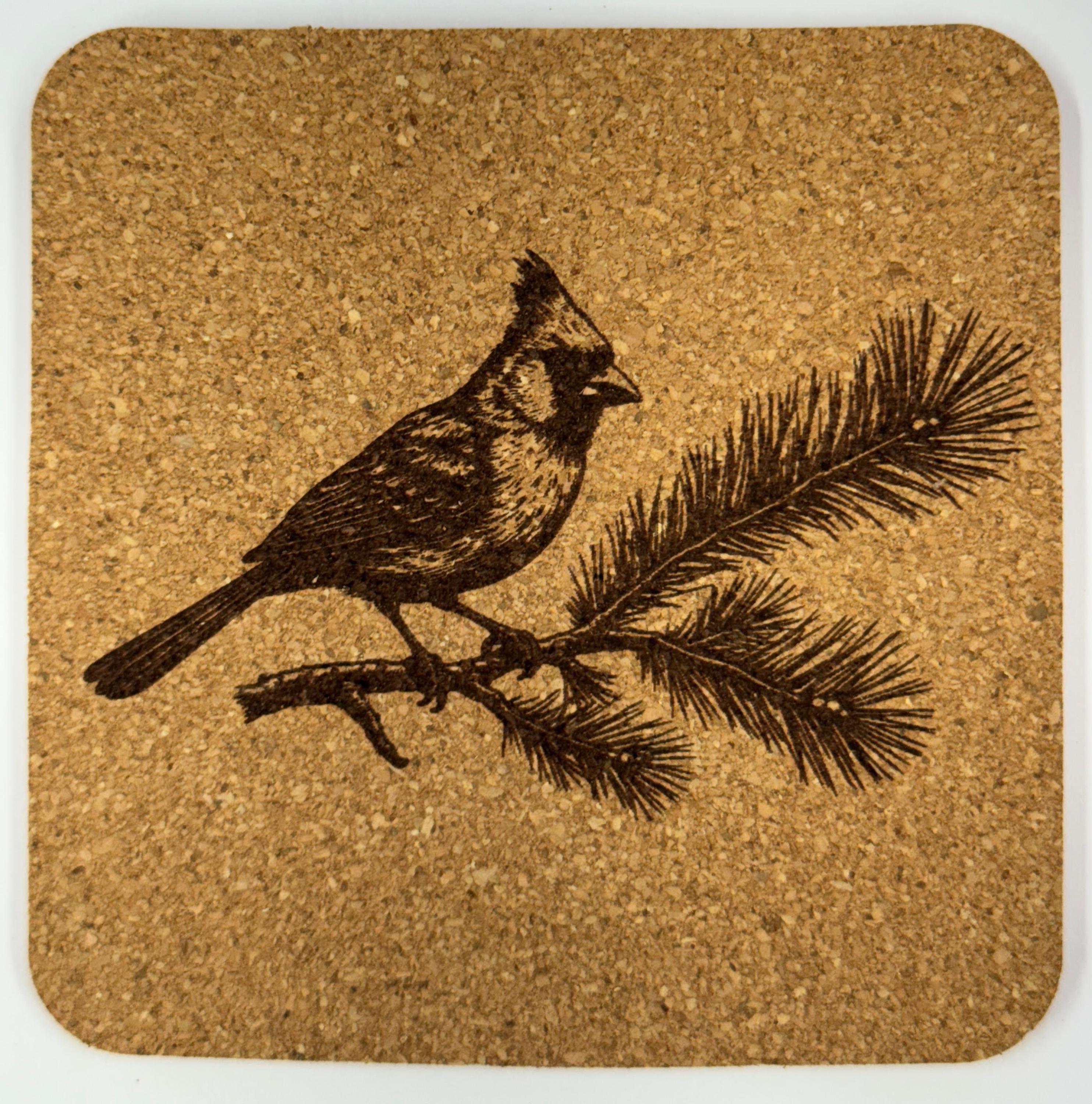 Northern Cardinal Cork Coaster Set 4 Bird Lover Engraved Drink Coasters