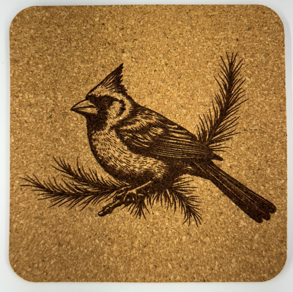 Northern Cardinal Cork Coaster Set 4 Bird Lover Engraved Drink Coasters