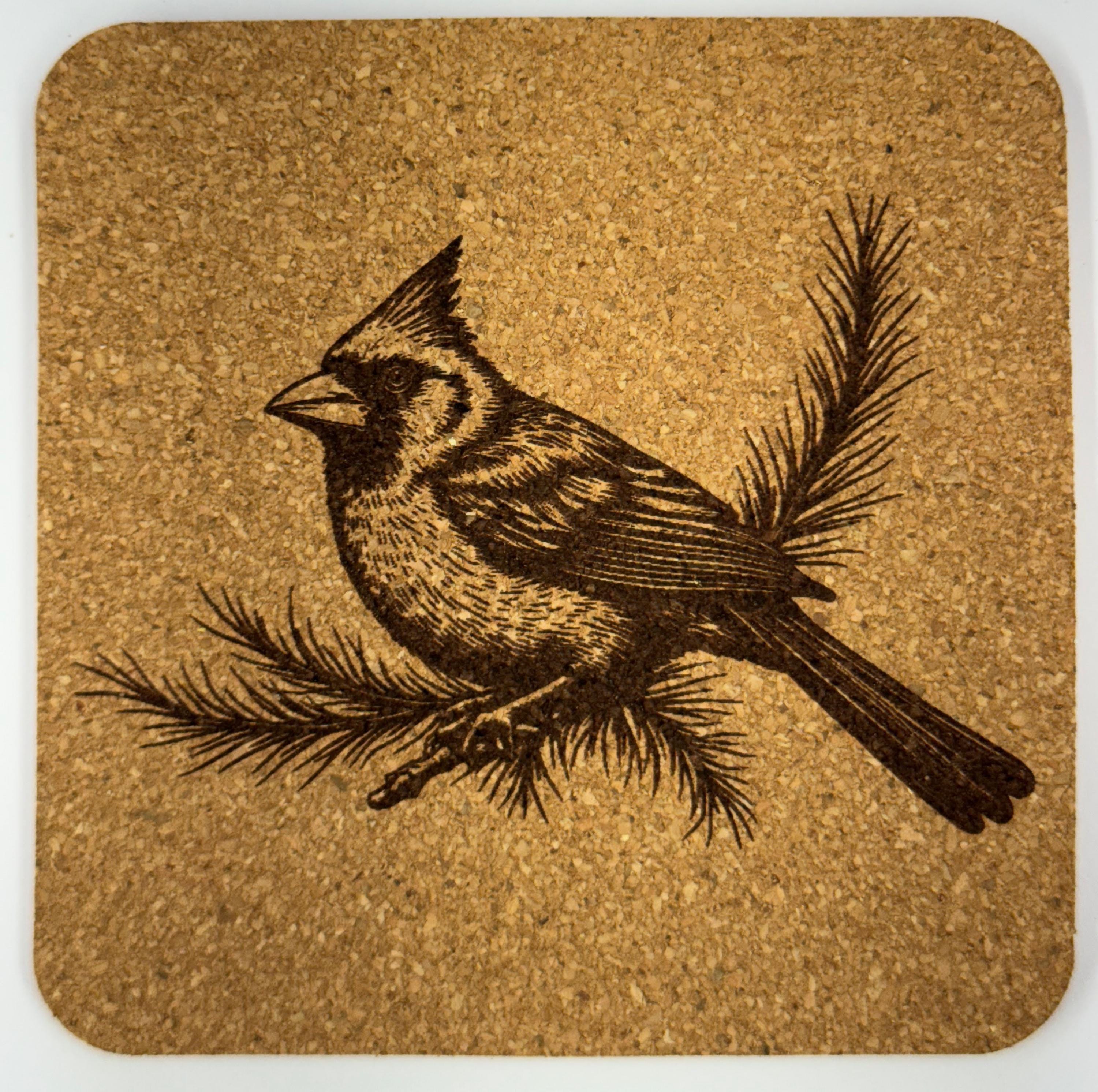 Northern Cardinal Cork Coaster Set 4 Bird Lover Engraved Drink Coasters