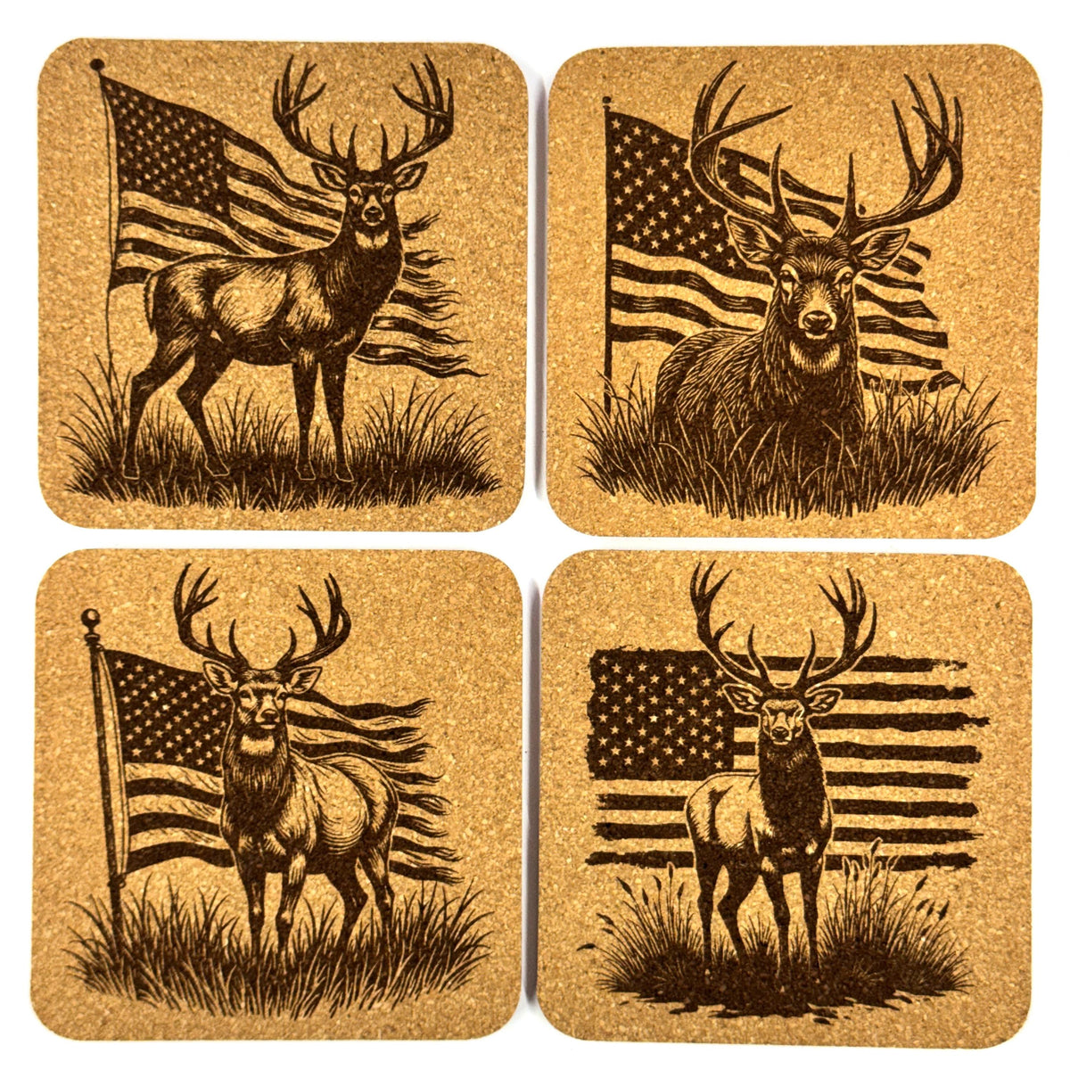 Patriotic Deer Cork Coaster Set, Rustic American Flag Wildlife Drink Coasters