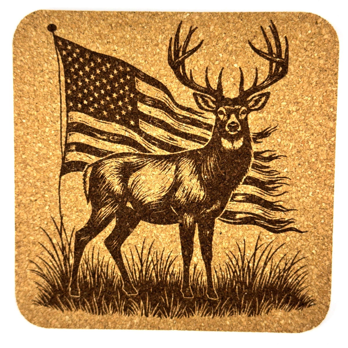 Patriotic Deer Cork Coaster Set, Rustic American Flag Wildlife Drink Coasters