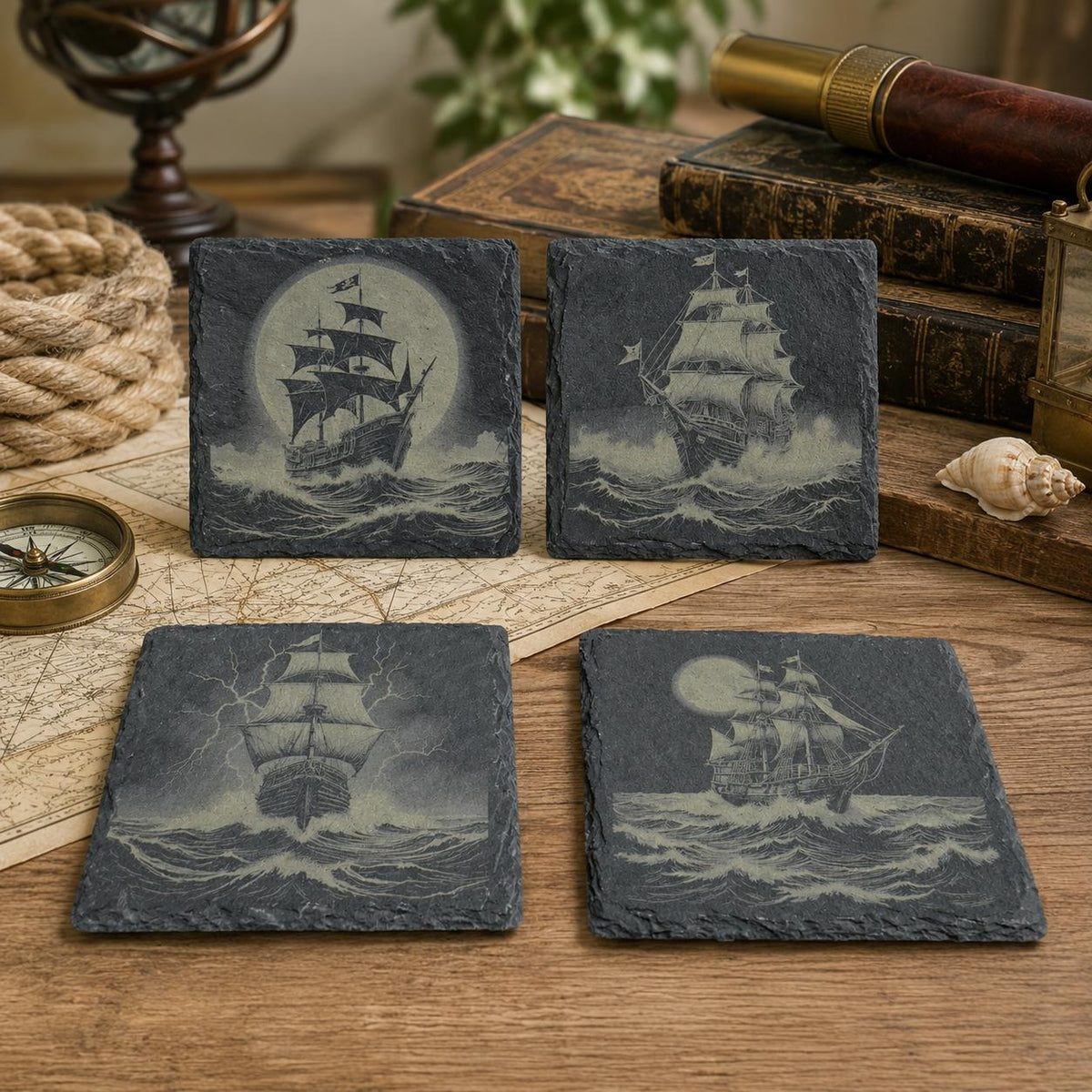 Pirate Ship Slate Coaster Set of 4 – Engraved Nautical Drink Coasters with Sailing Ships