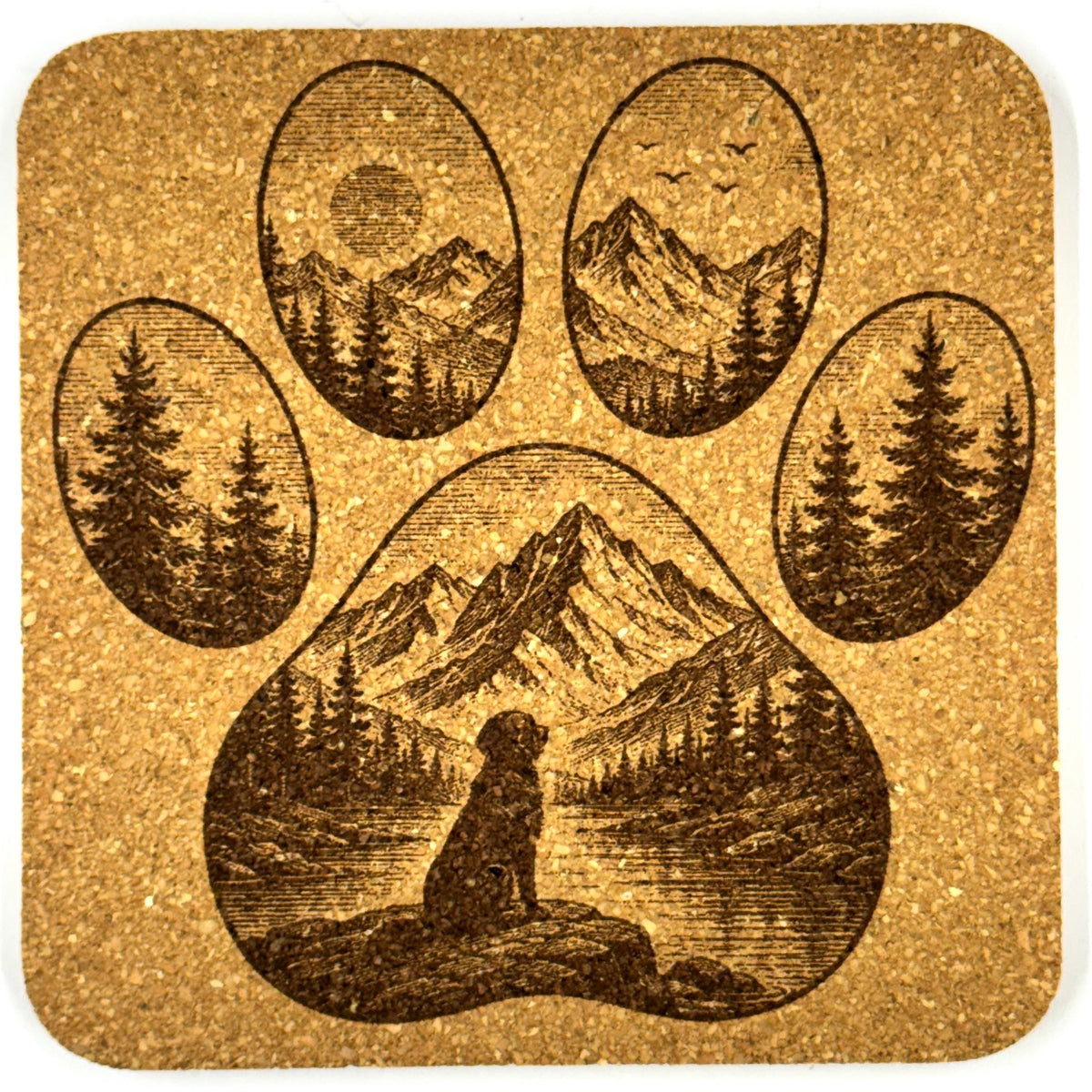 Mountain Dog Paw Print Cork Coaster Set, Rustic Nature Decor for Dog Lovers, Woodland Cabin Drinkware Gift