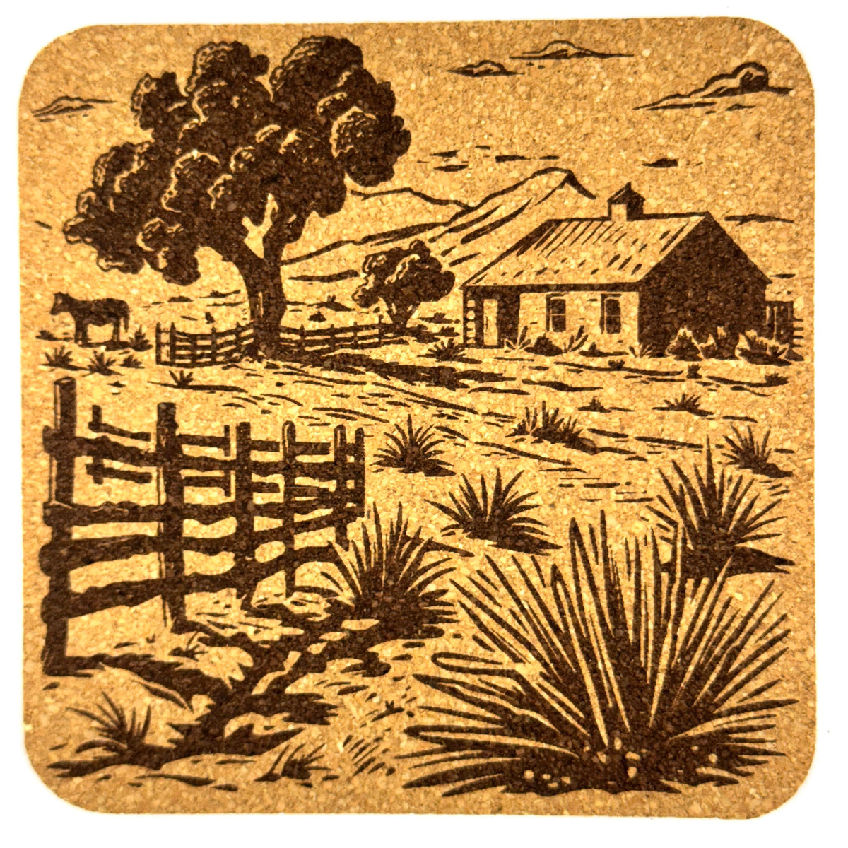 Rustic Farm Scene Cork Coaster Set, Country Barn and Pasture Decor