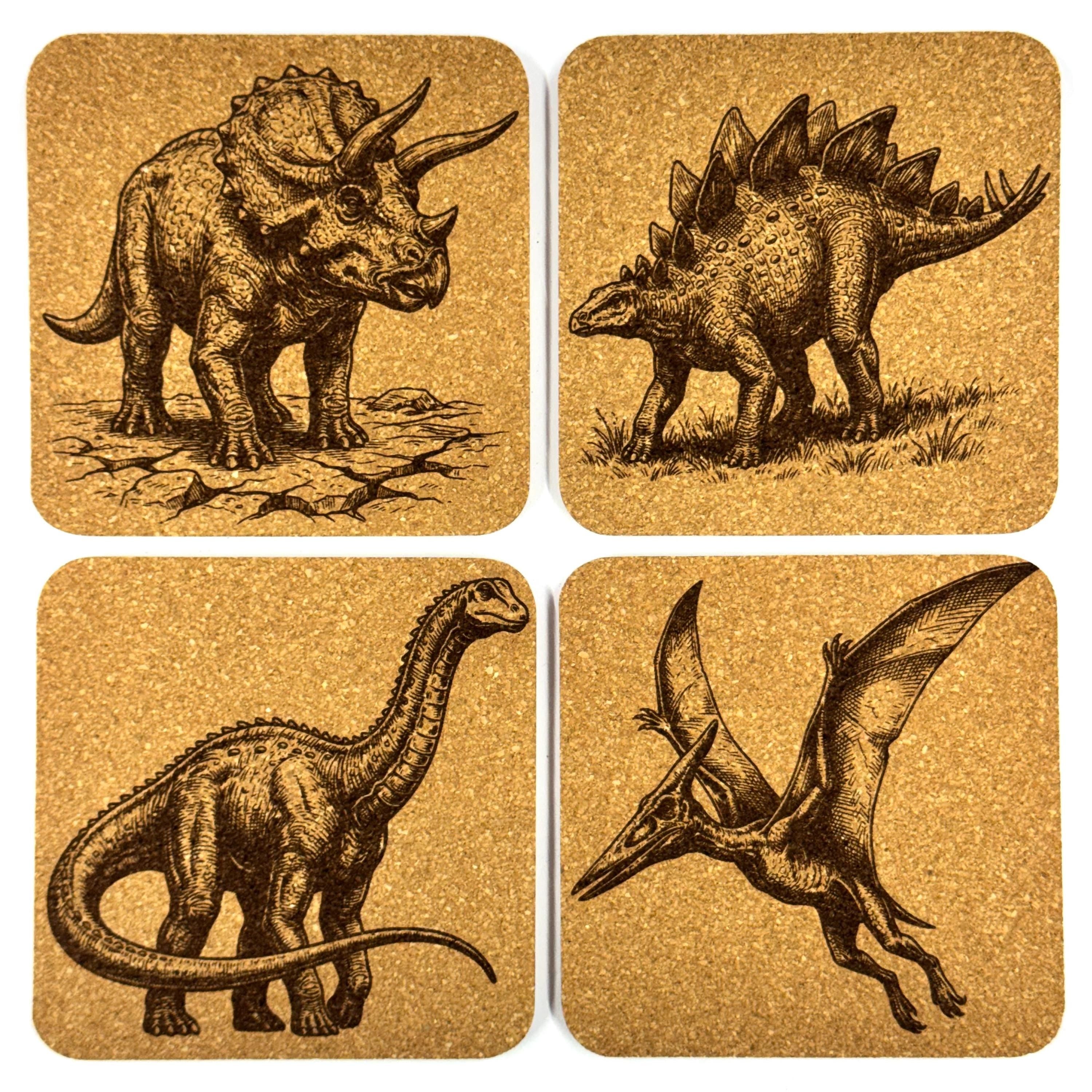 Dinosaur Cork Coaster Set, Vintage Prehistoric Creature Drink Coasters