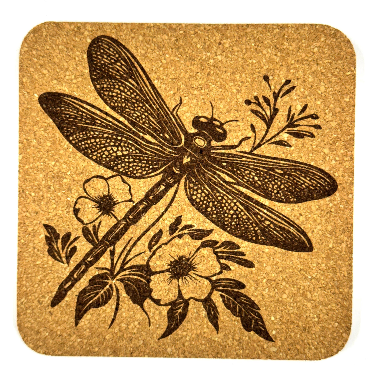 Dragonfly Wildflower Cork Coaster Set, Vintage Meadow Garden Drink Coasters