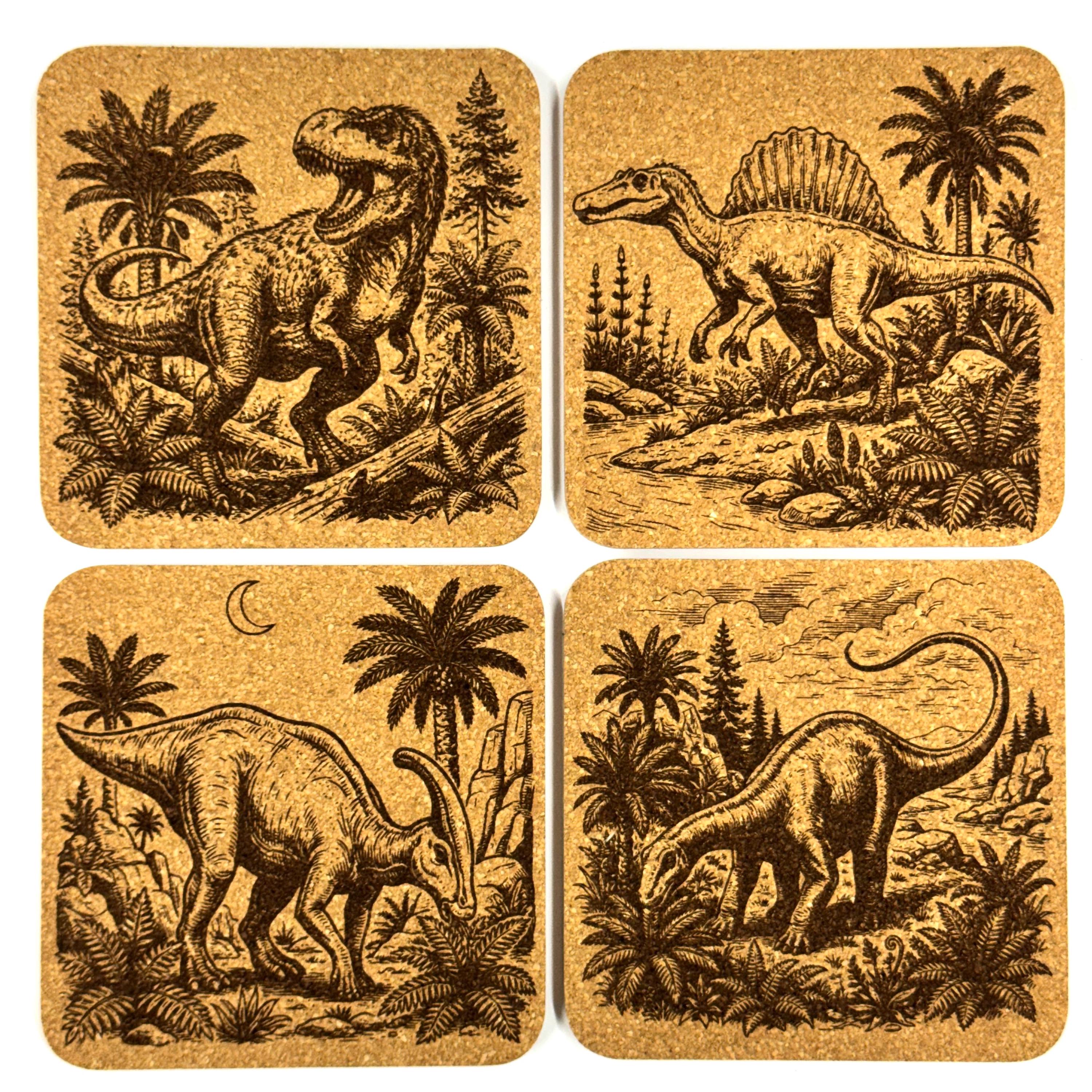 Dinosaur Scene Cork Coaster Set, Vintage Prehistoric Jungle Drink Coasters