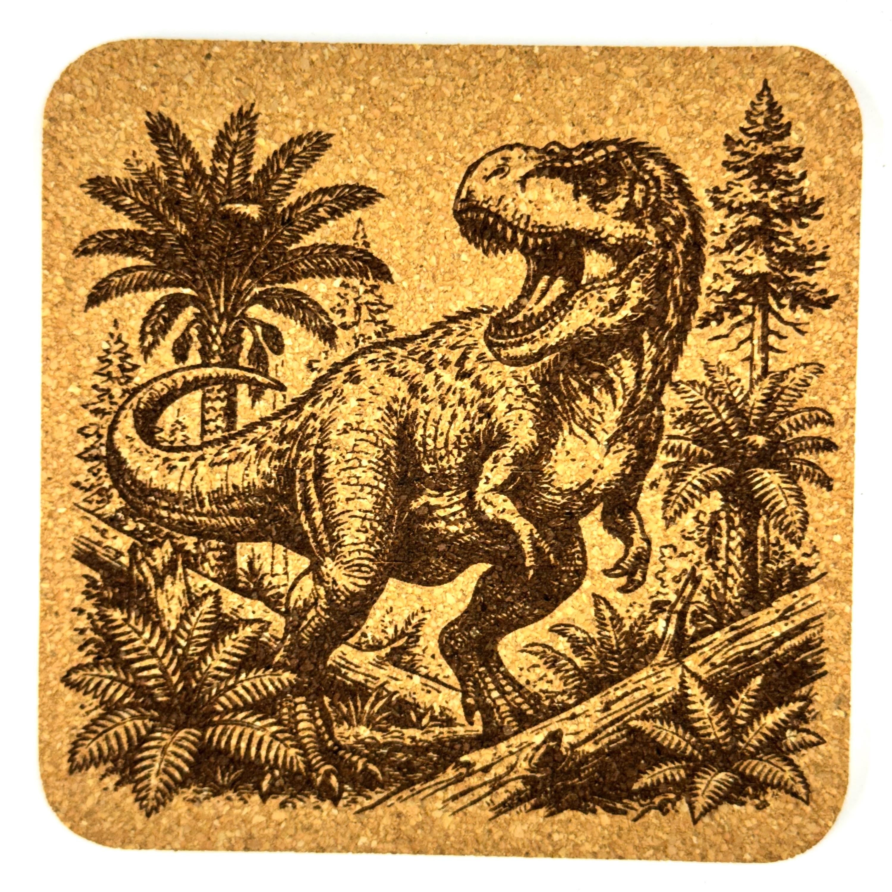 Dinosaur Scene Cork Coaster Set, Vintage Prehistoric Jungle Drink Coasters