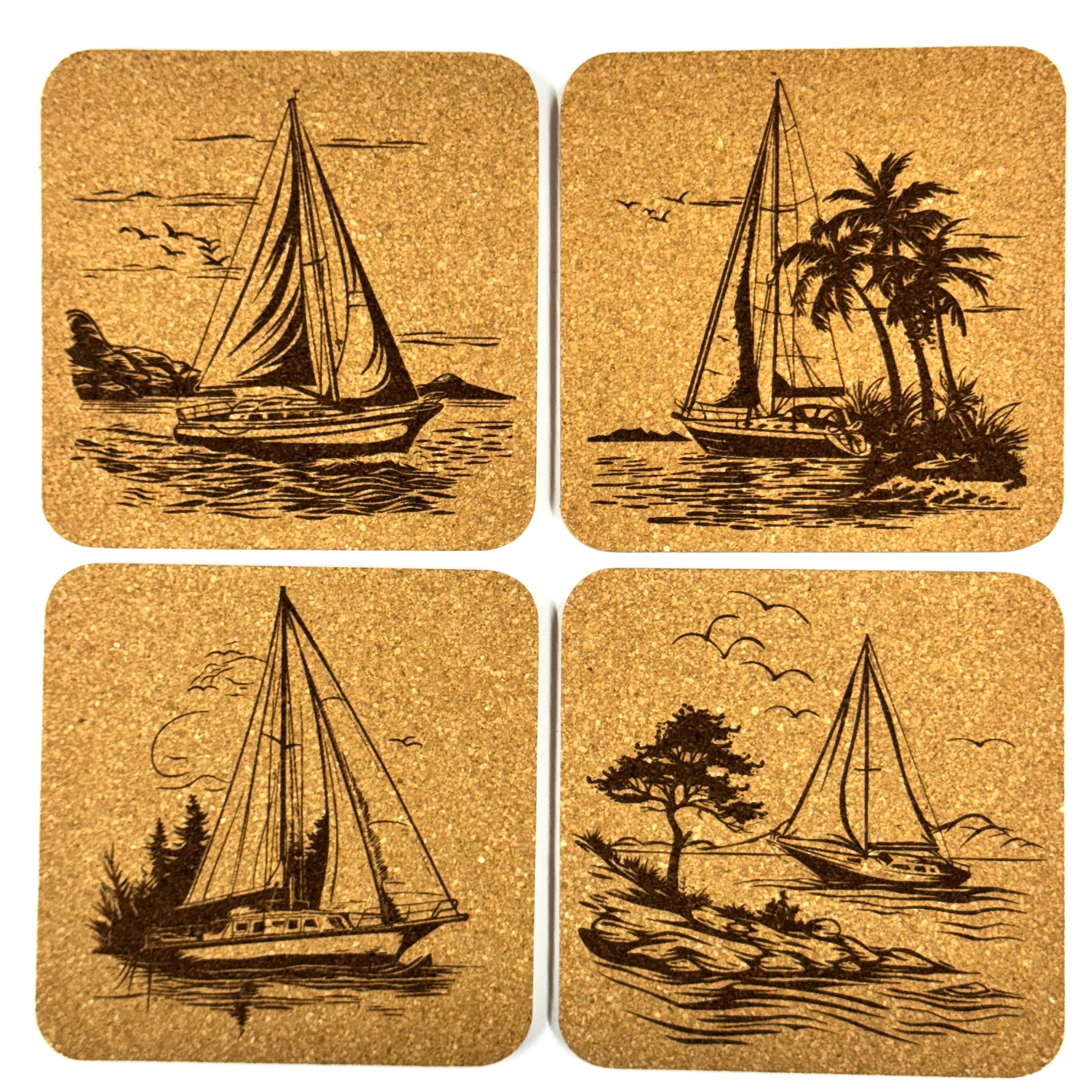 Sailboat Cork Coasters, Vintage Nautical Coastal Lakehouse Boat Scene Table Decor