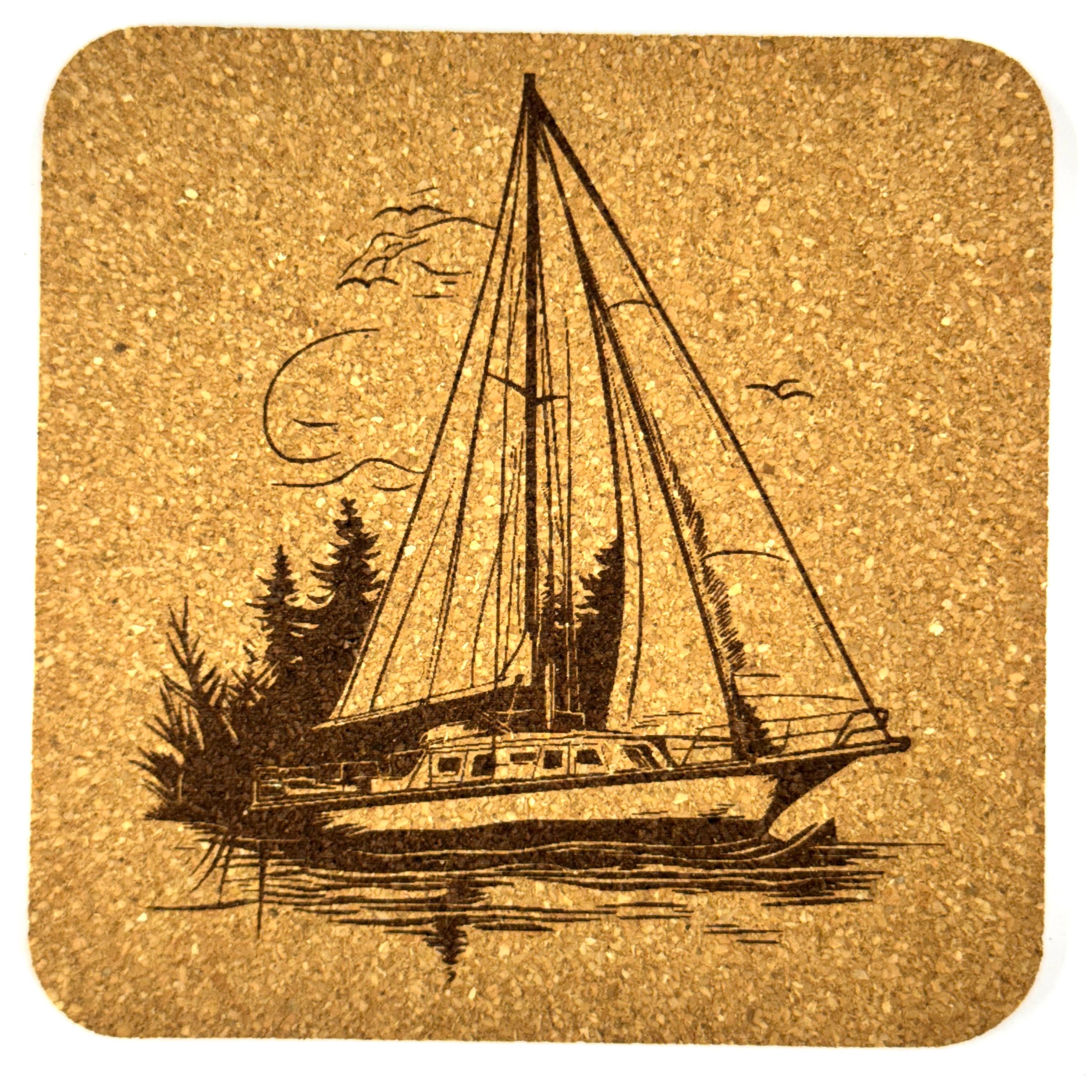 Sailboat Cork Coasters, Vintage Nautical Coastal Lakehouse Boat Scene Table Decor