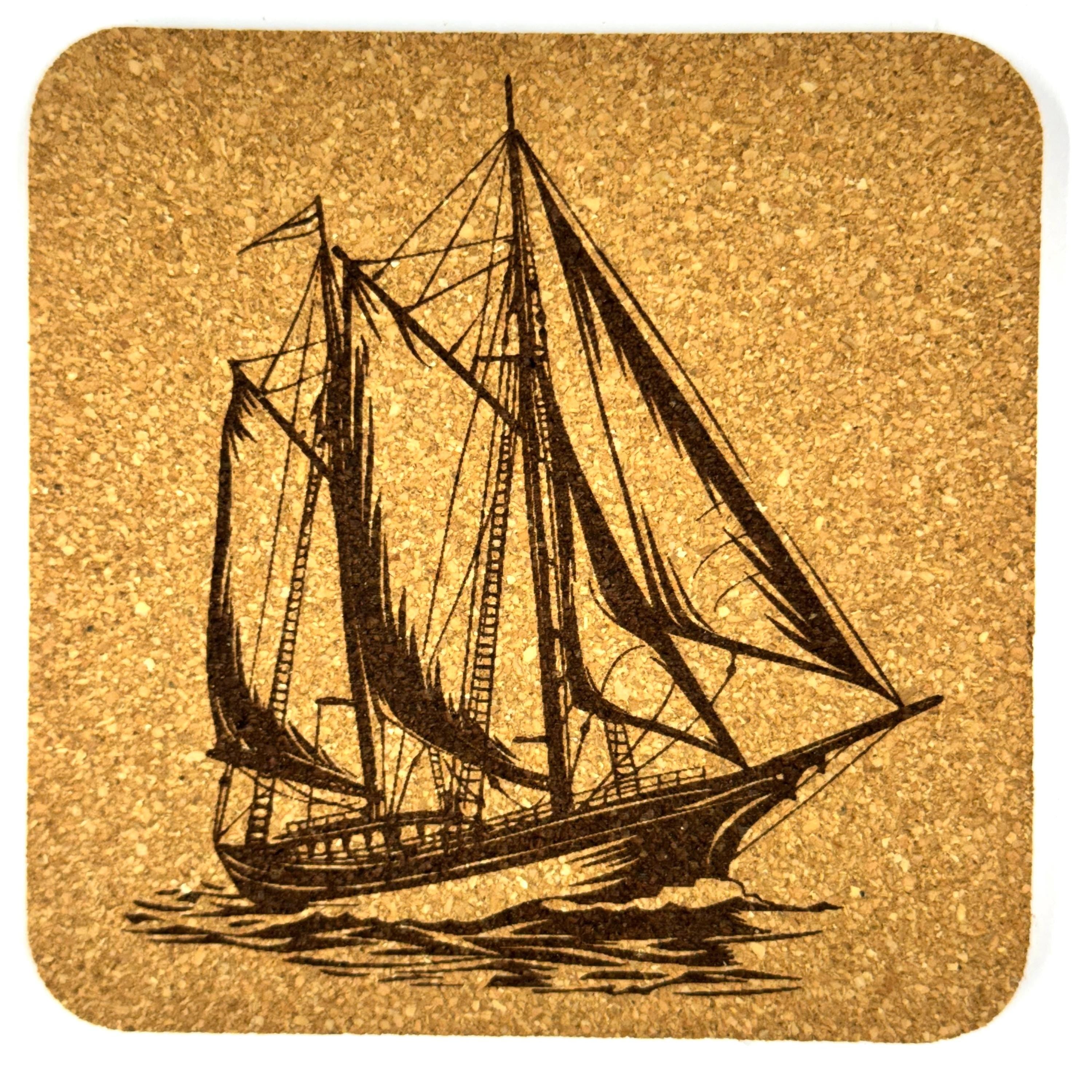 Tall Ship Cork Coasters, Vintage Schooner Nautical Sailing Boat Table Decor