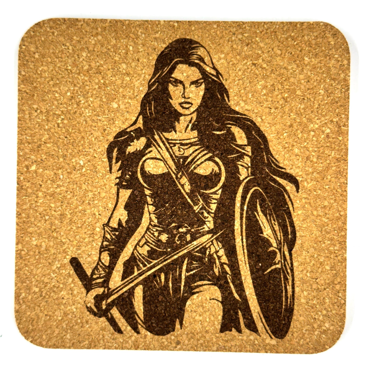 Warrior Woman Cork Coasters, Fantasy Shieldmaiden Sword Fighter Table Decor