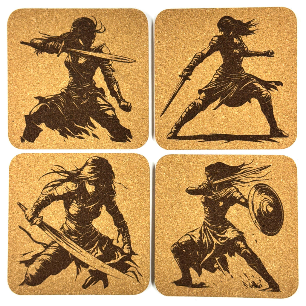 Warrior Woman Action Cork Coasters, Fantasy Sword Fighter Battle Pose Decor