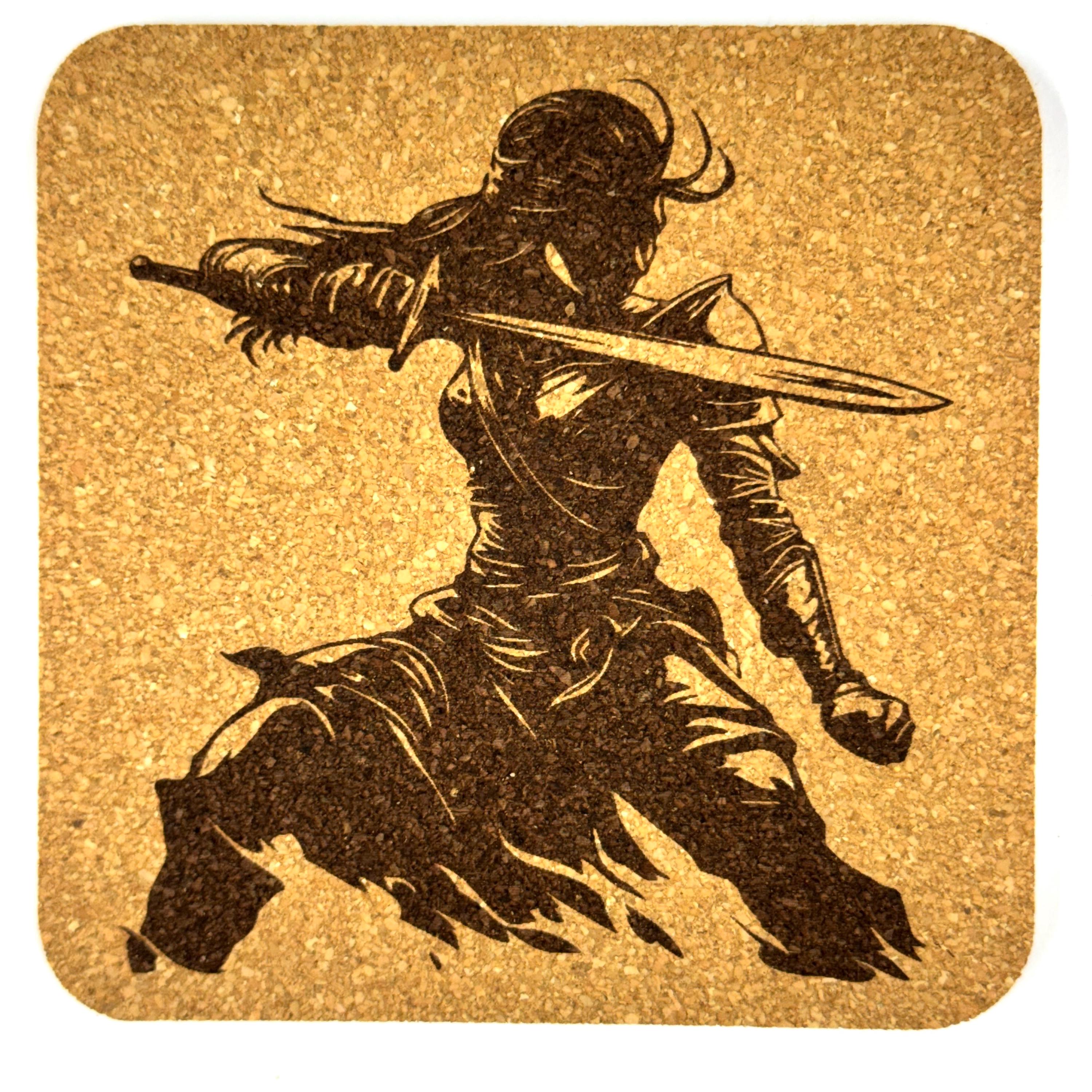 Warrior Woman Action Cork Coasters, Fantasy Sword Fighter Battle Pose Decor