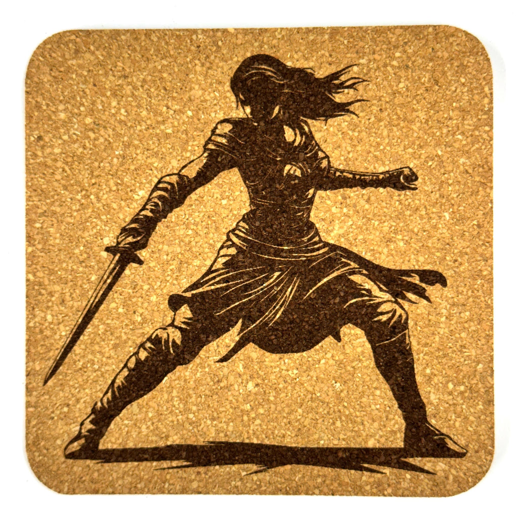 Warrior Woman Action Cork Coasters, Fantasy Sword Fighter Battle Pose Decor