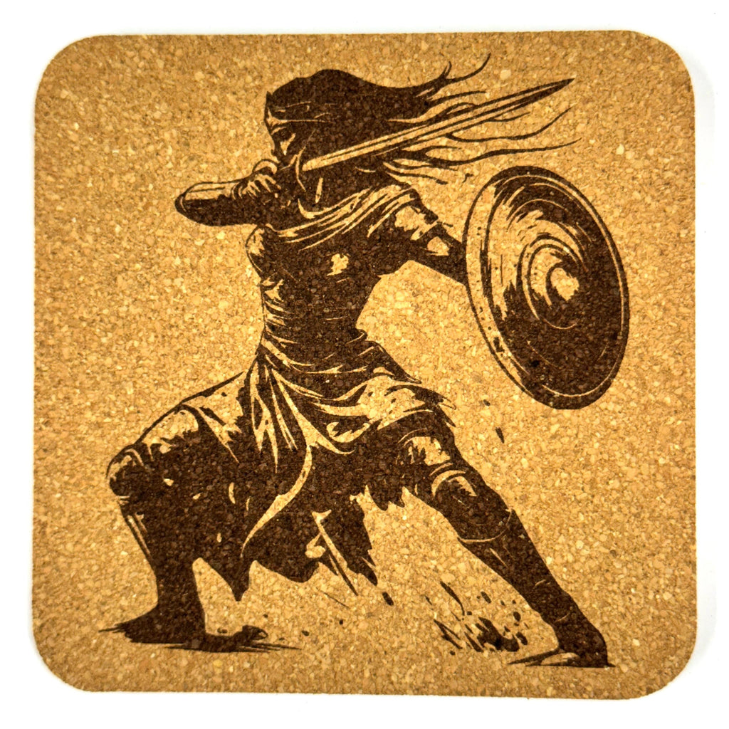 Warrior Woman Action Cork Coasters, Fantasy Sword Fighter Battle Pose Decor