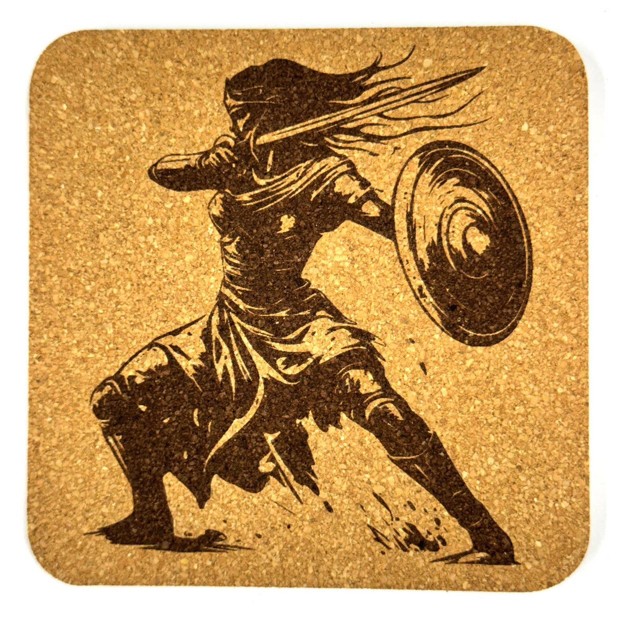 Warrior Woman Action Cork Coasters, Fantasy Sword Fighter Battle Pose Decor