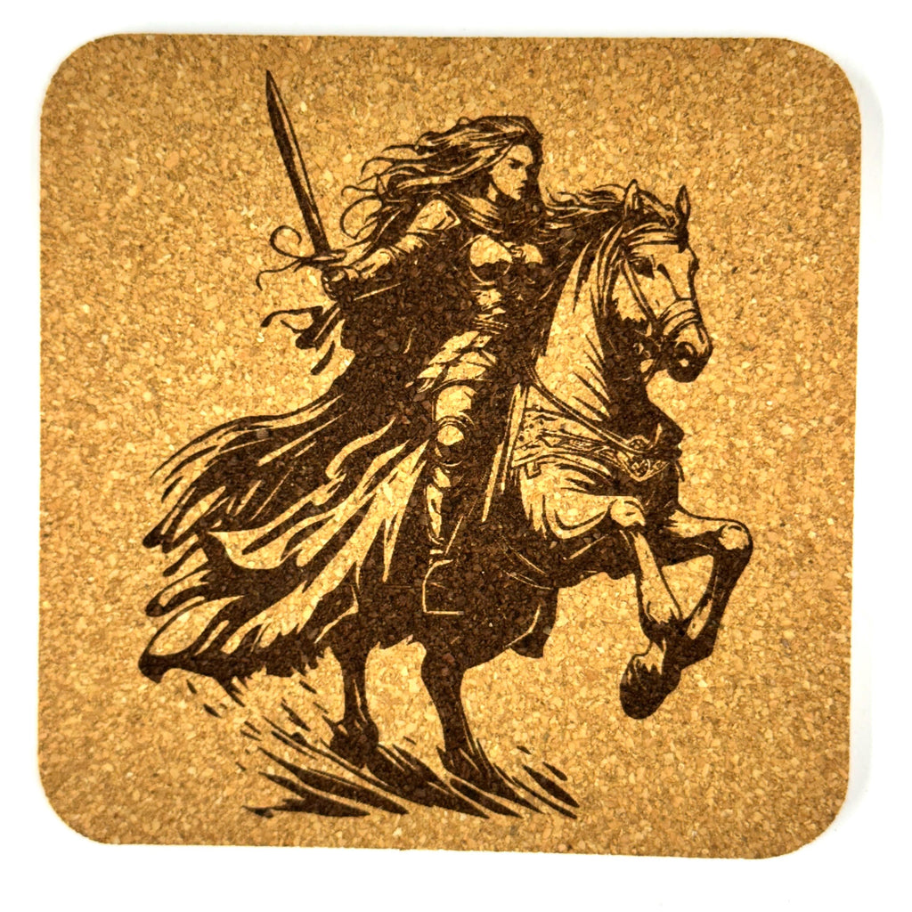 Mounted Warrior Woman Cork Coasters, Fantasy Horse Rider Battle Decor