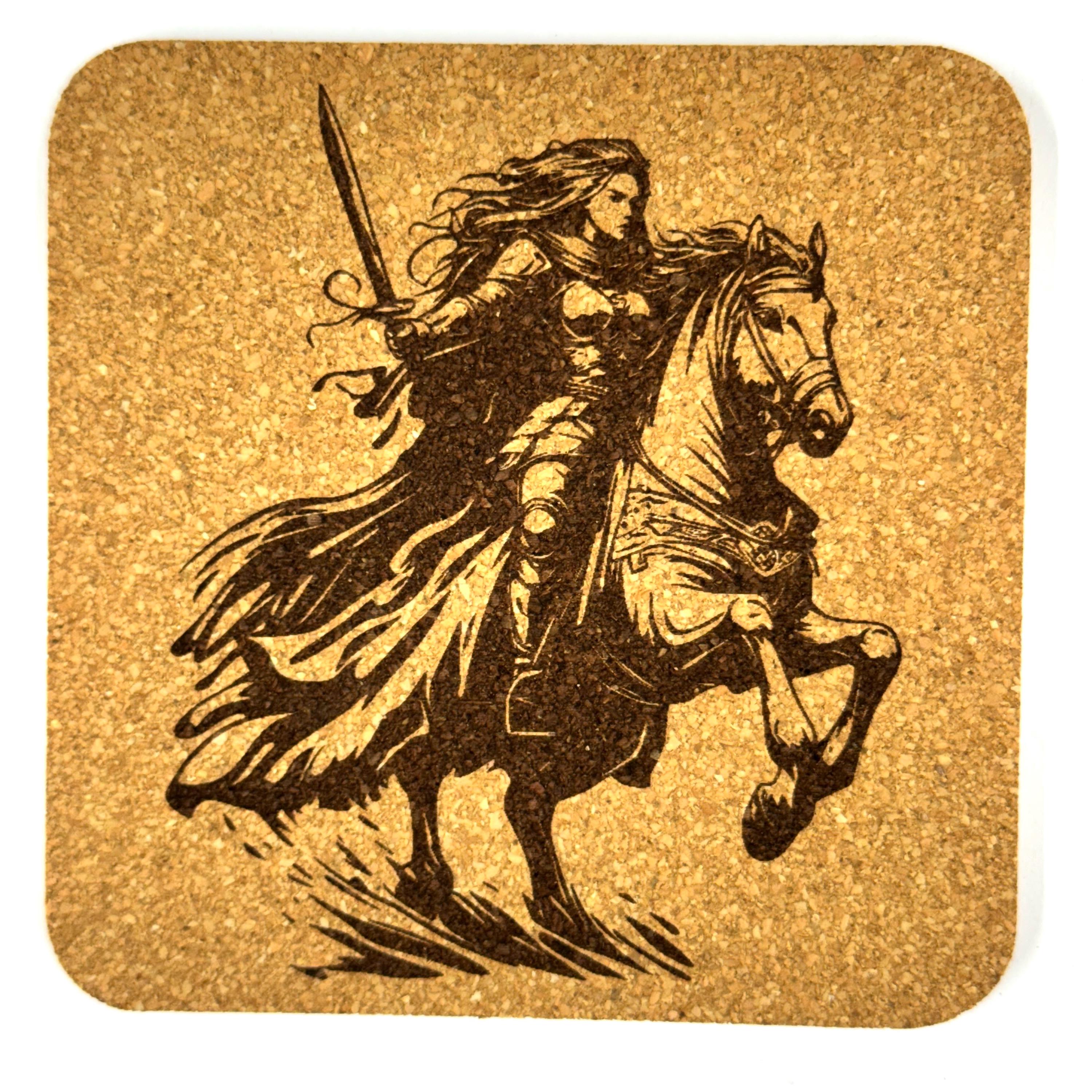Mounted Warrior Woman Cork Coasters, Fantasy Horse Rider Battle Decor