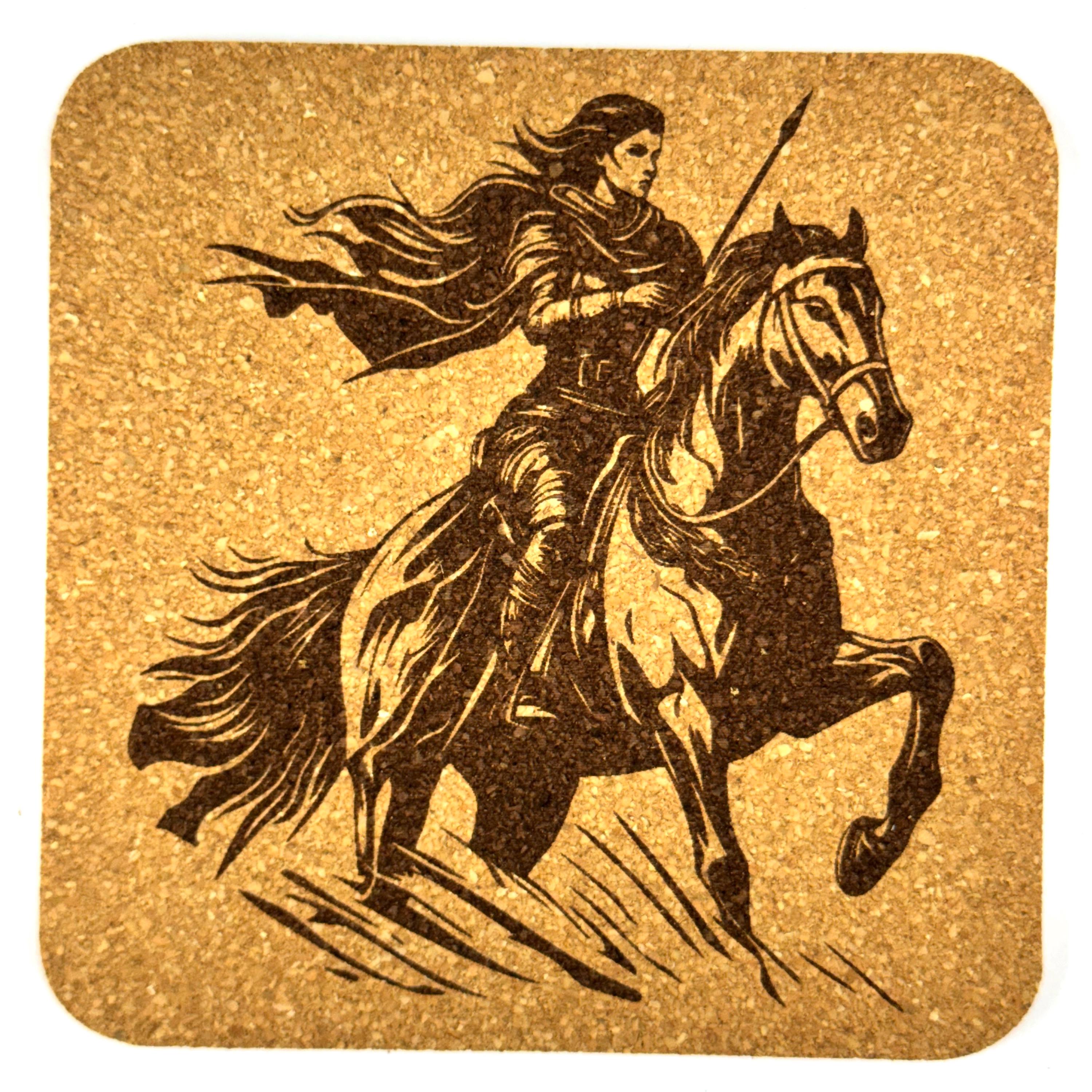 Mounted Warrior Woman Cork Coasters, Fantasy Horse Rider Battle Decor