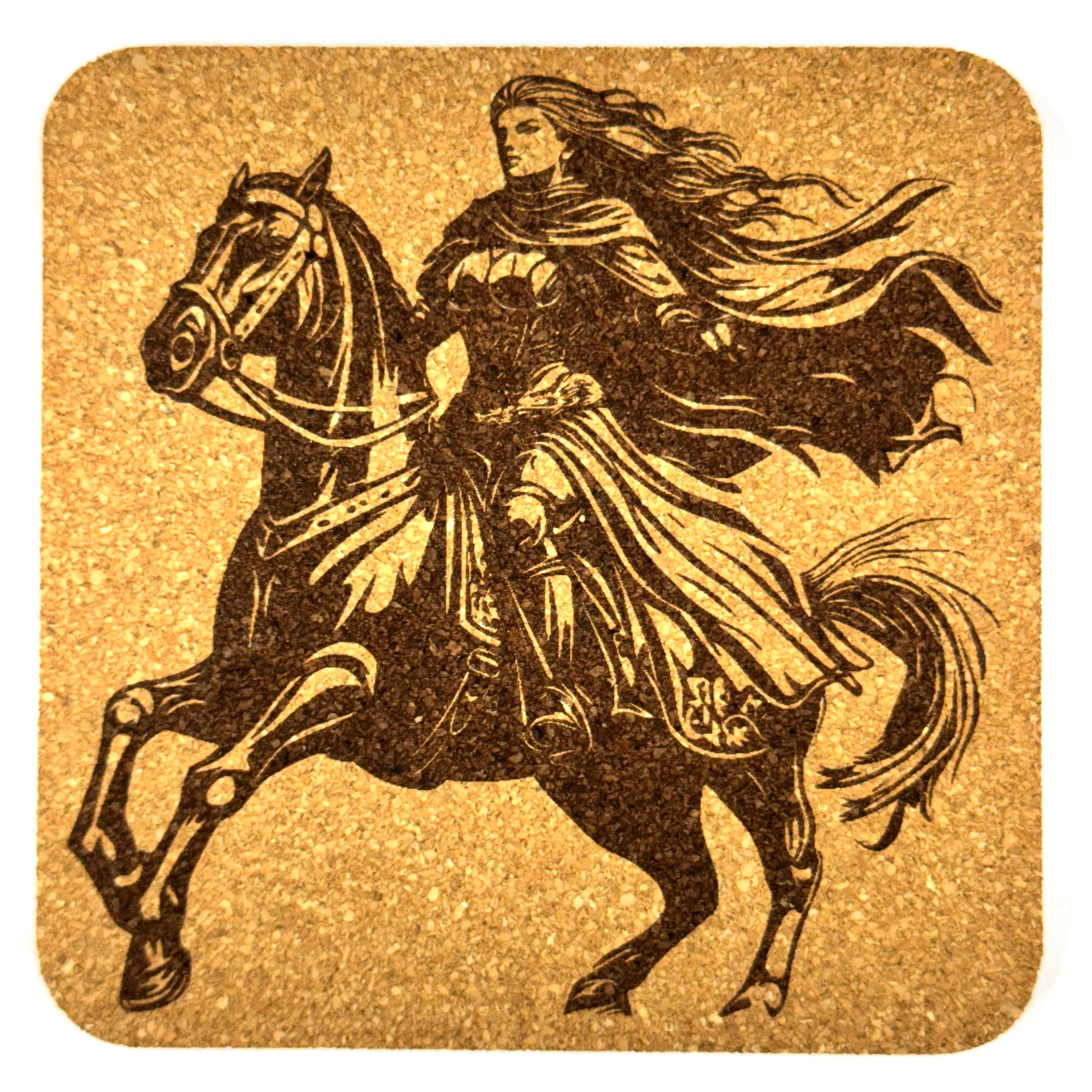 Mounted Warrior Woman Cork Coasters, Fantasy Horse Rider Battle Decor
