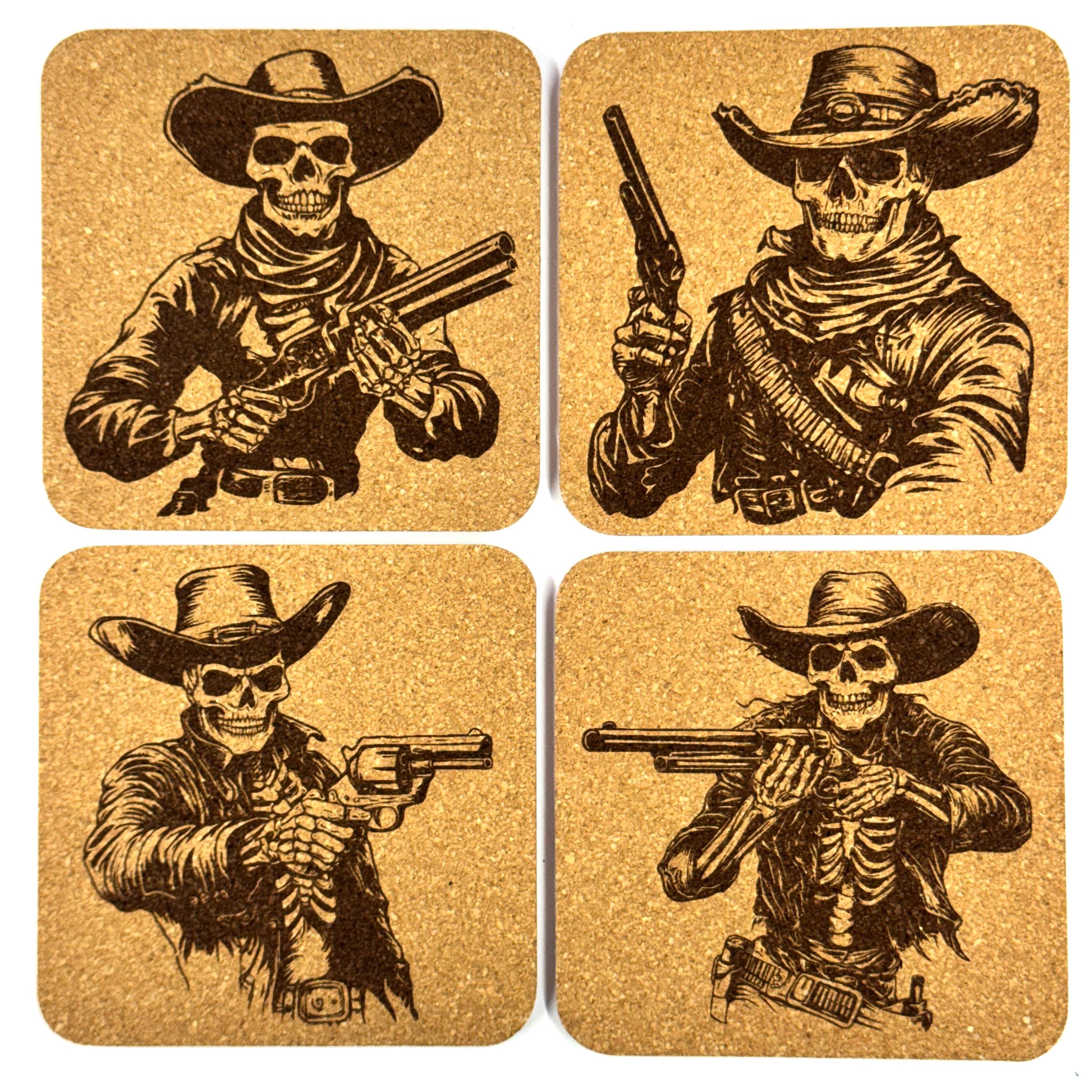 Cowboy Skeleton Cork Coasters, Wild West Gunslinger Skull Western Decor