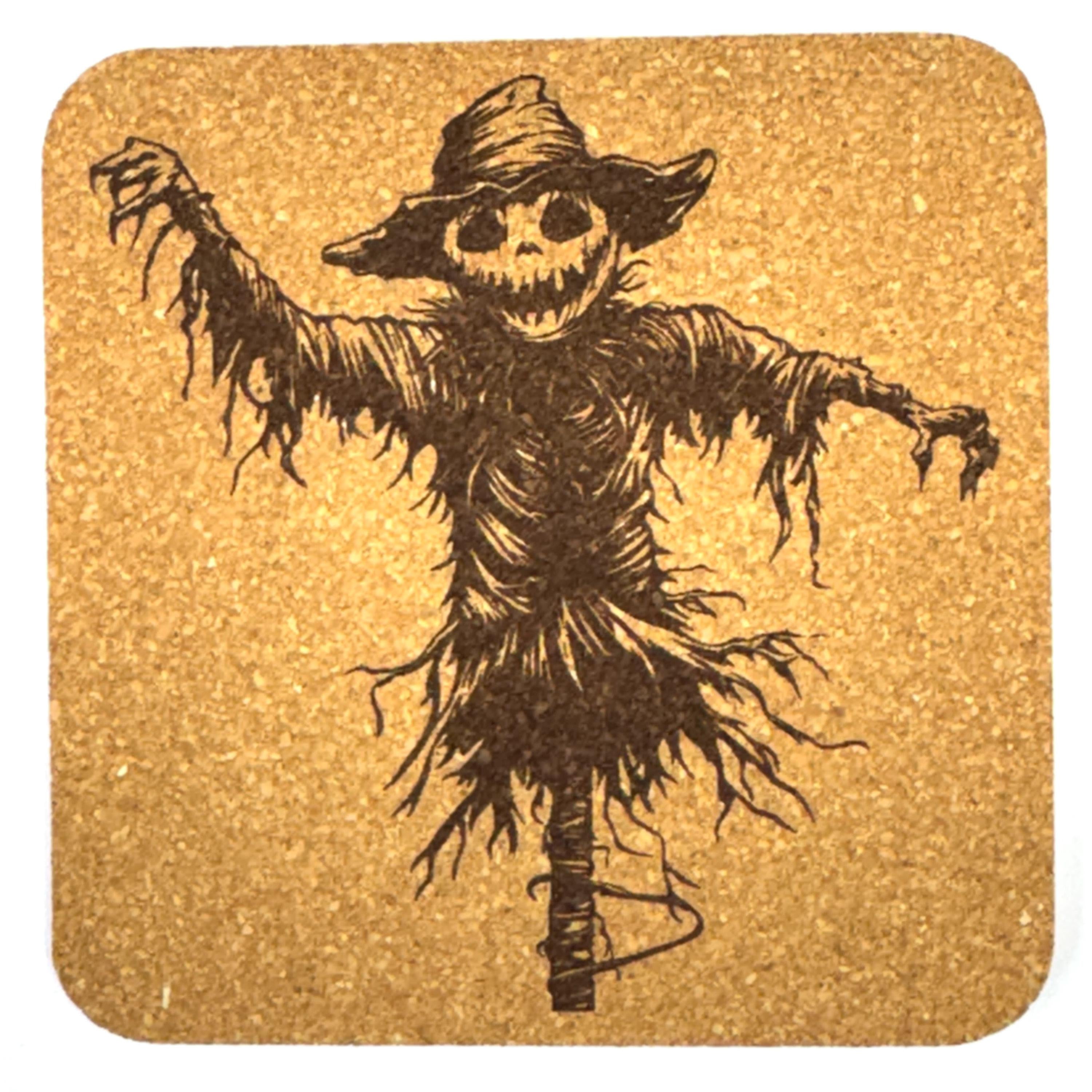 Scarecrow Cork Coasters, Creepy Haunted Farm Halloween Fall Decor
