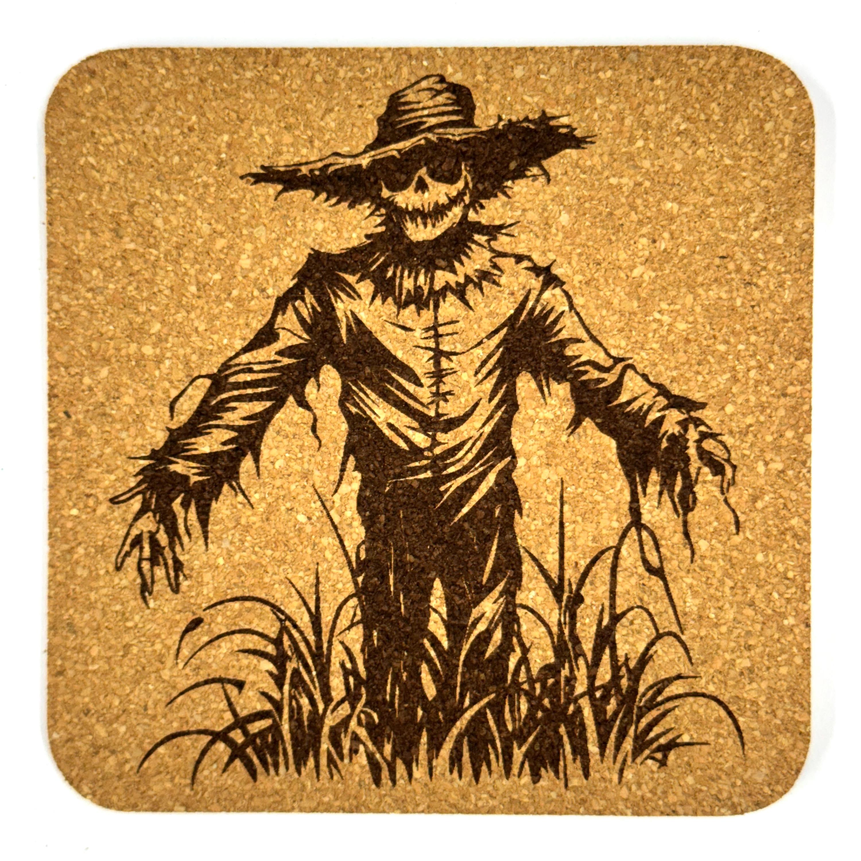 Creepy Scarecrow Cork Coasters, Haunted Farm Halloween Fall Decor Set