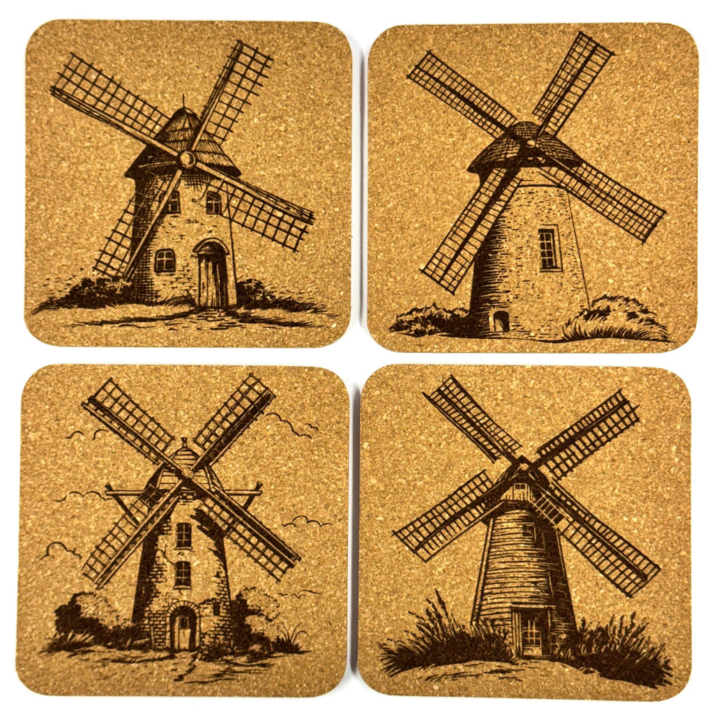 Windmill Cork Coaster Set, Rustic Farmhouse Drink Coasters