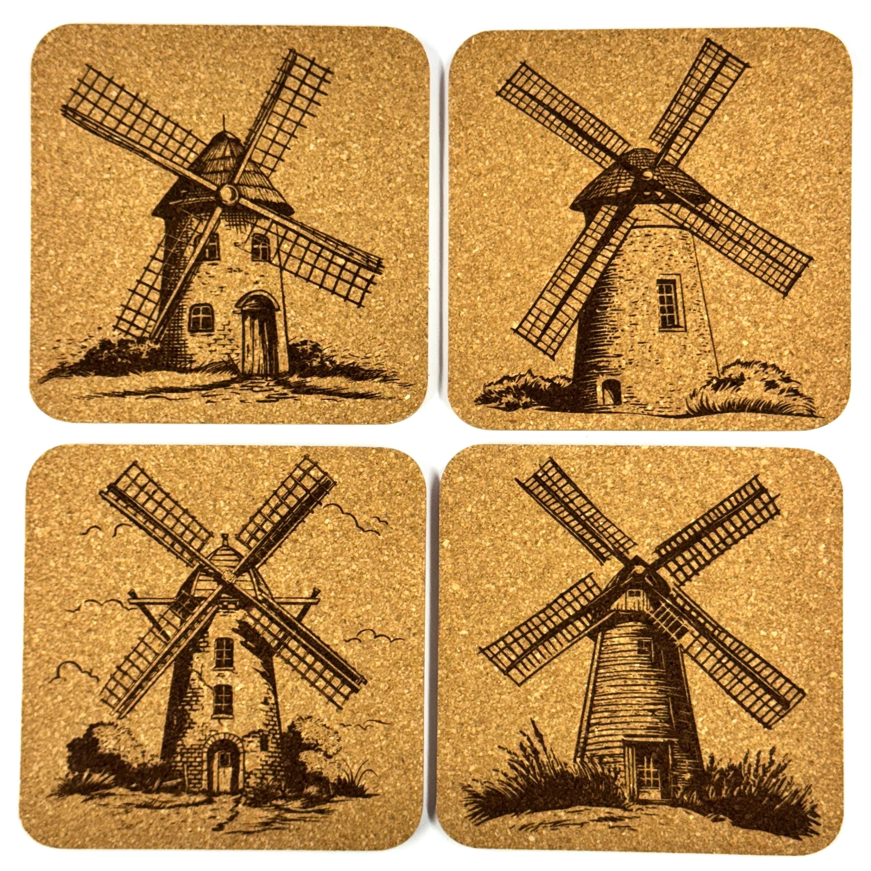 Windmill Cork Coaster Set, Rustic Farmhouse Drink Coasters