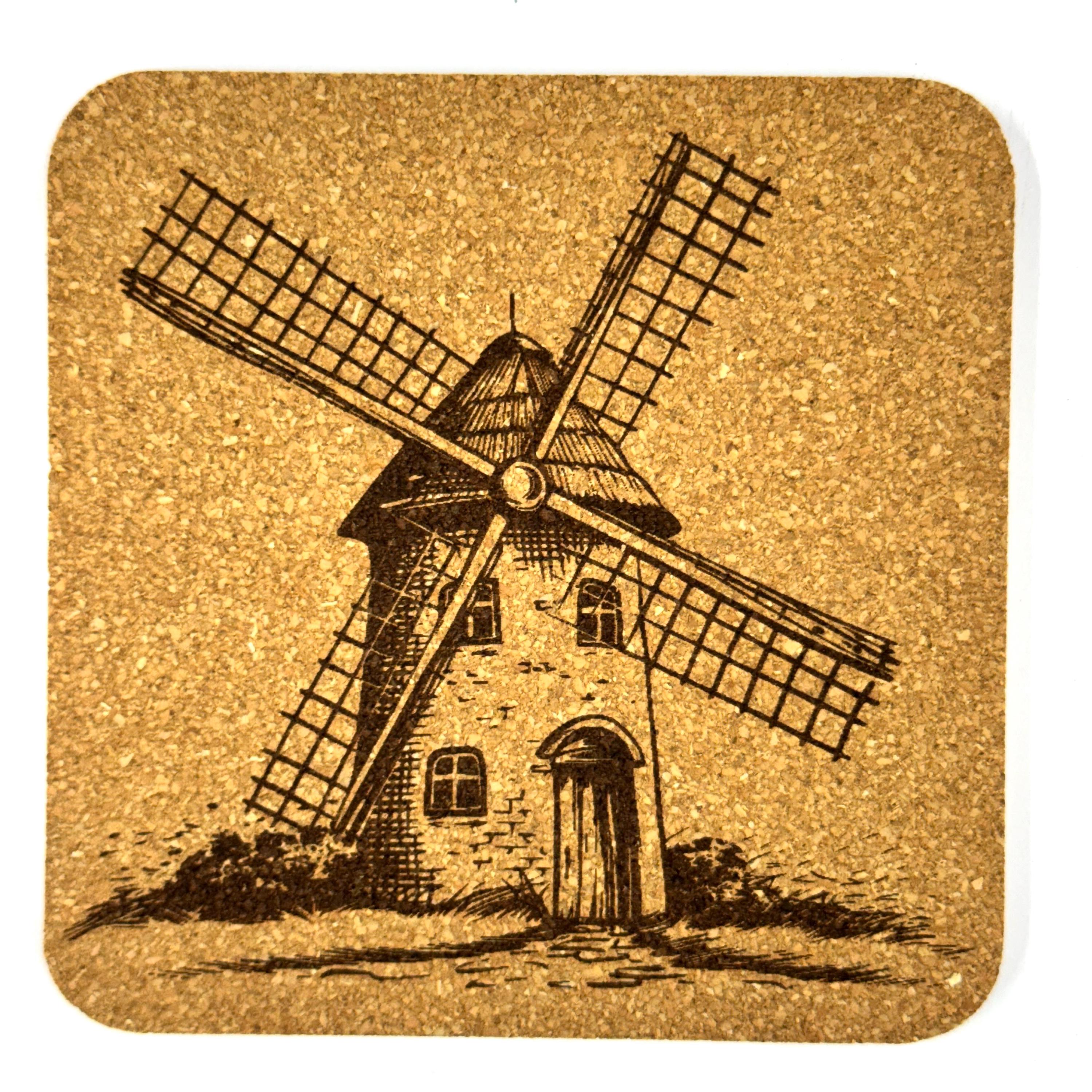 Windmill Cork Coaster Set, Rustic Farmhouse Drink Coasters