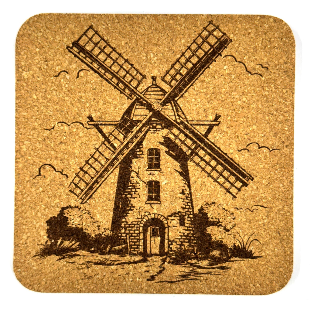 Windmill Cork Coaster Set, Rustic Farmhouse Drink Coasters