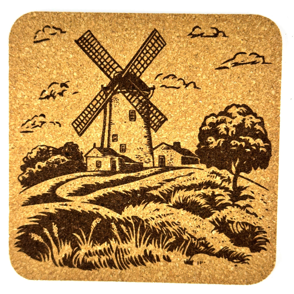 Rustic Windmill Scene Cork Coaster Set, Farmhouse Country Decor